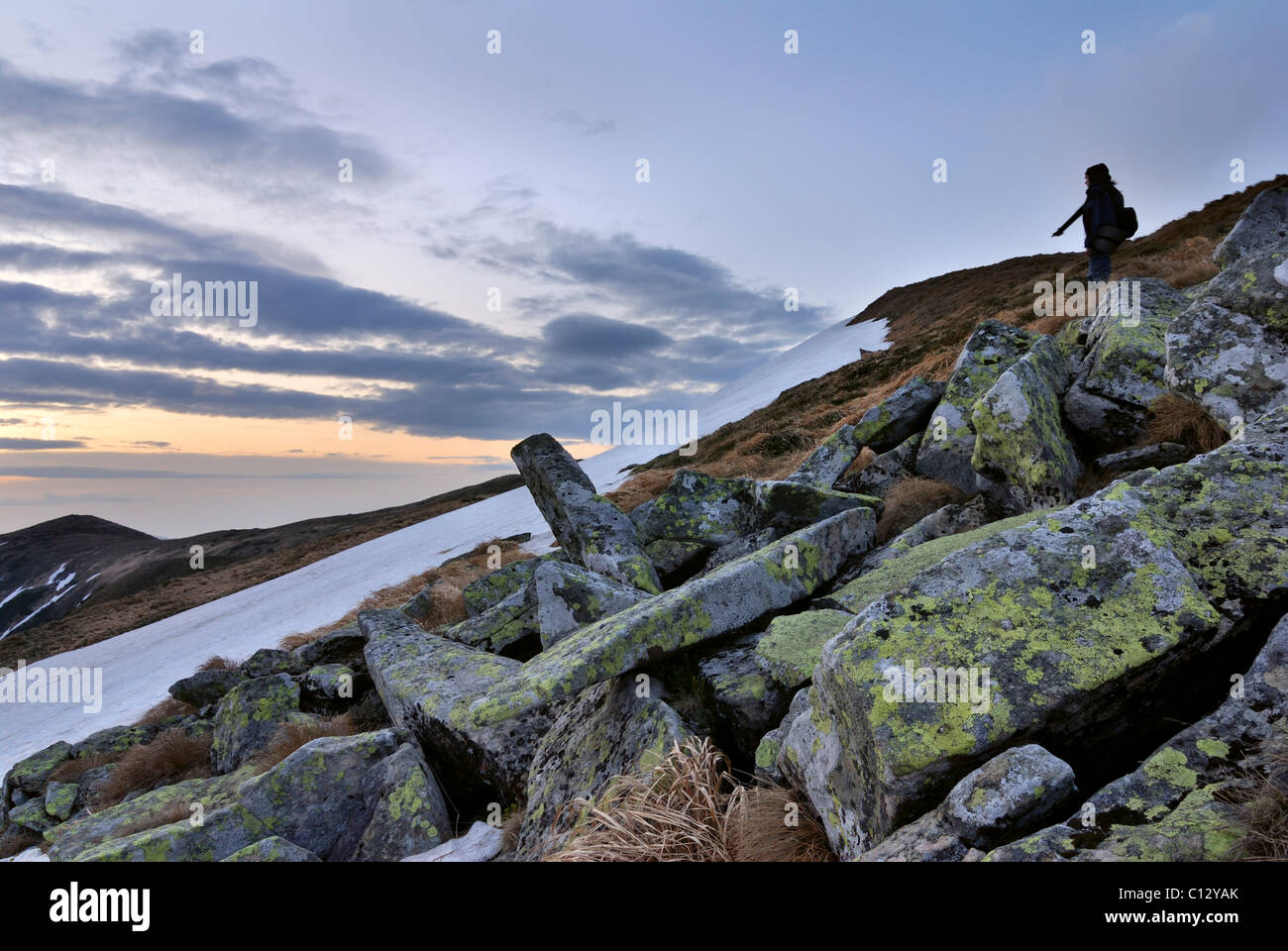 hiker on Chornogora Ridge in the Carpathian Mountains Stock Photo