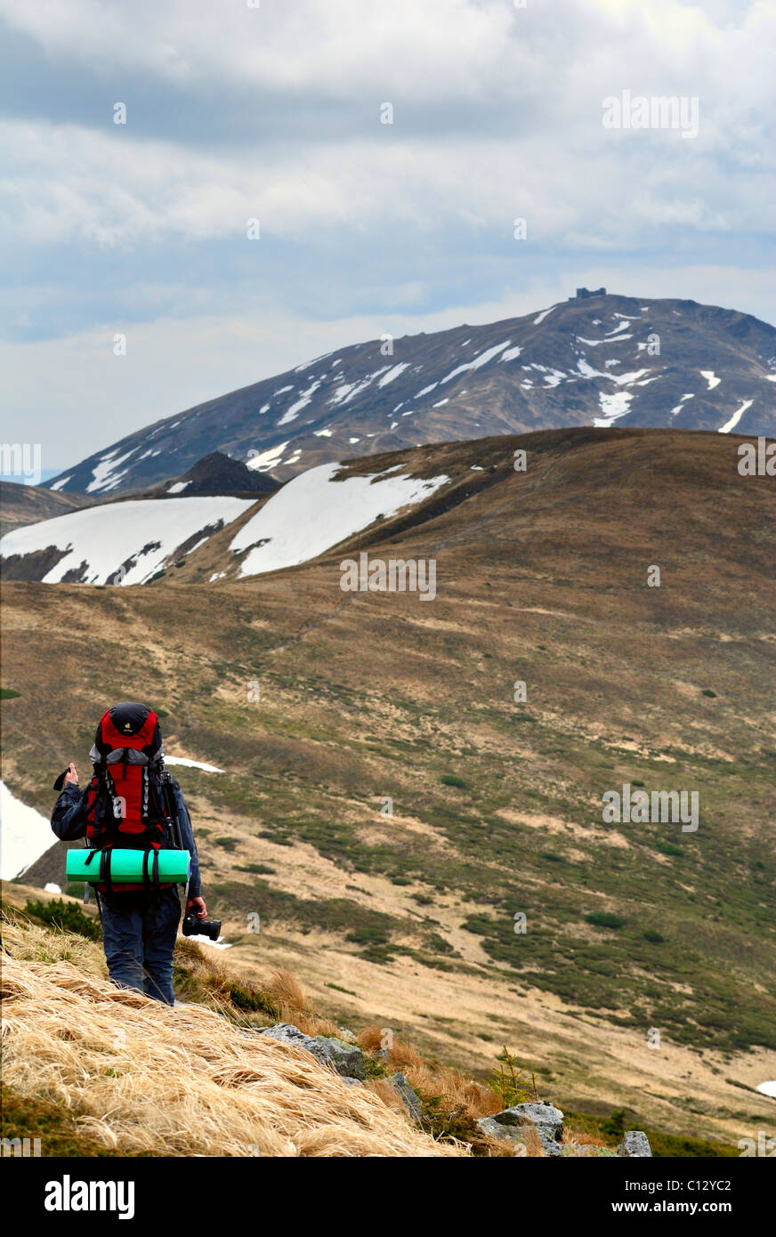 hiker on Chornogora Ridge of Carpathian Mountains Stock Photo
