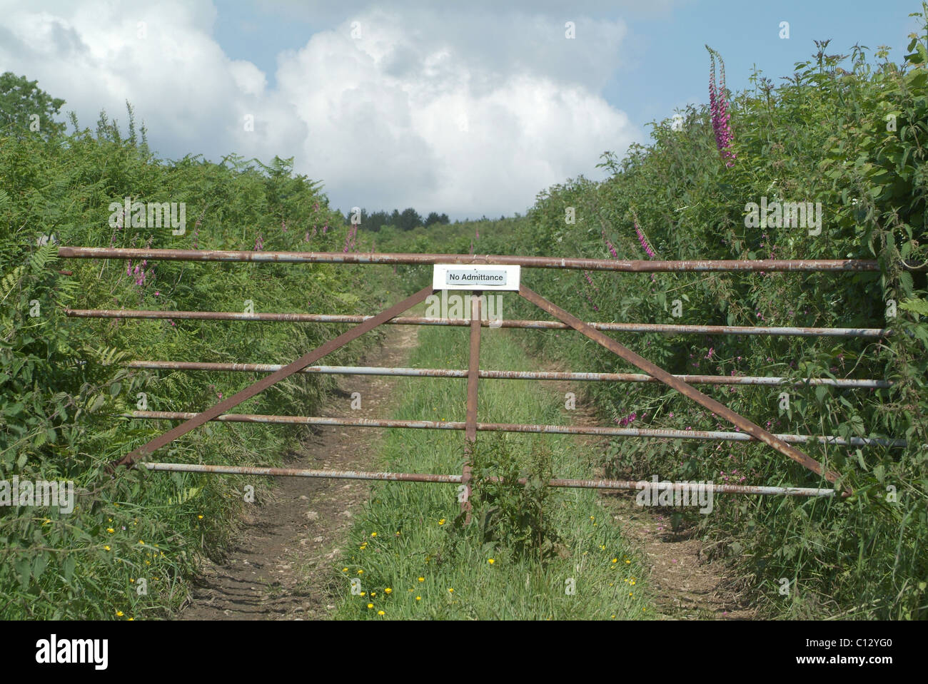 No admittance sign on a farm gate Stock Photo