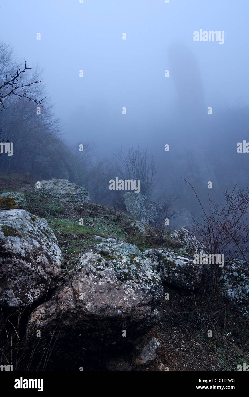 southern demergi mountain landscape on crimea covered in fog Stock Photo