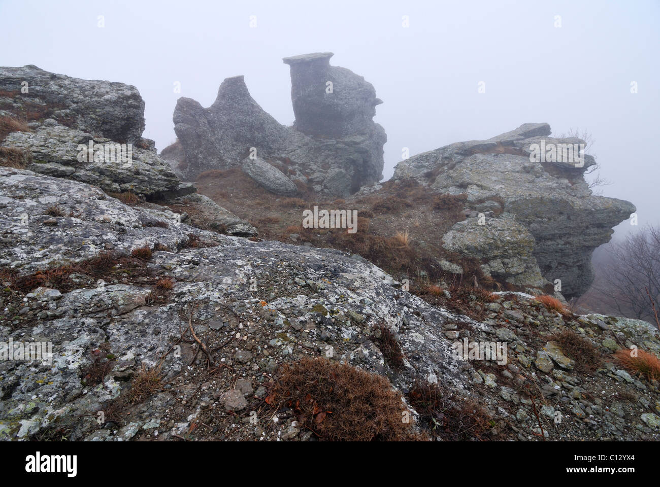 southern demergi mountain landscape on crimea covered in fog Stock Photo