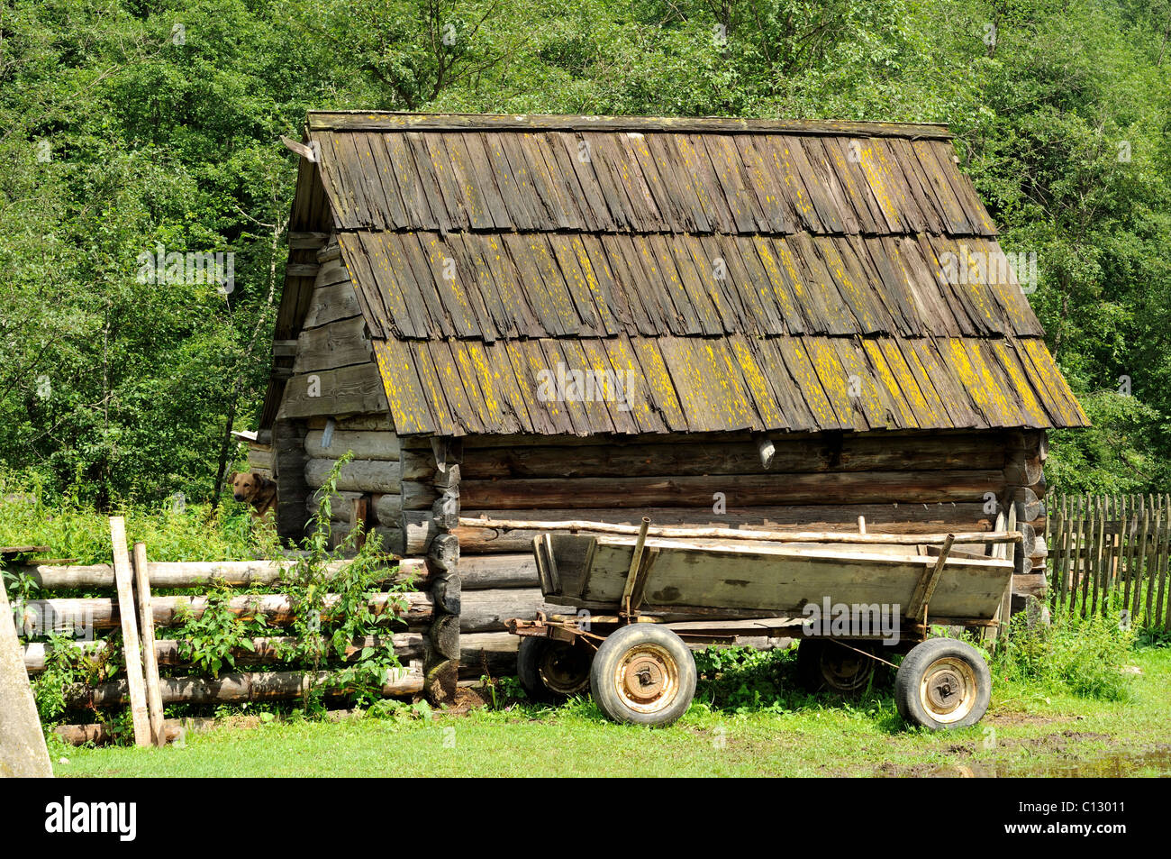 wooden hut in dzembronya area of ukraine Stock Photo