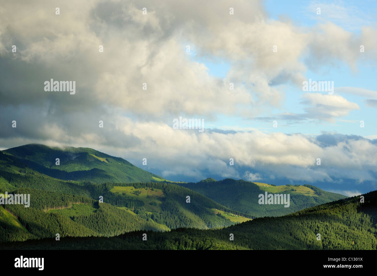 white clouds over dzembronya landscape in ukraine Stock Photo