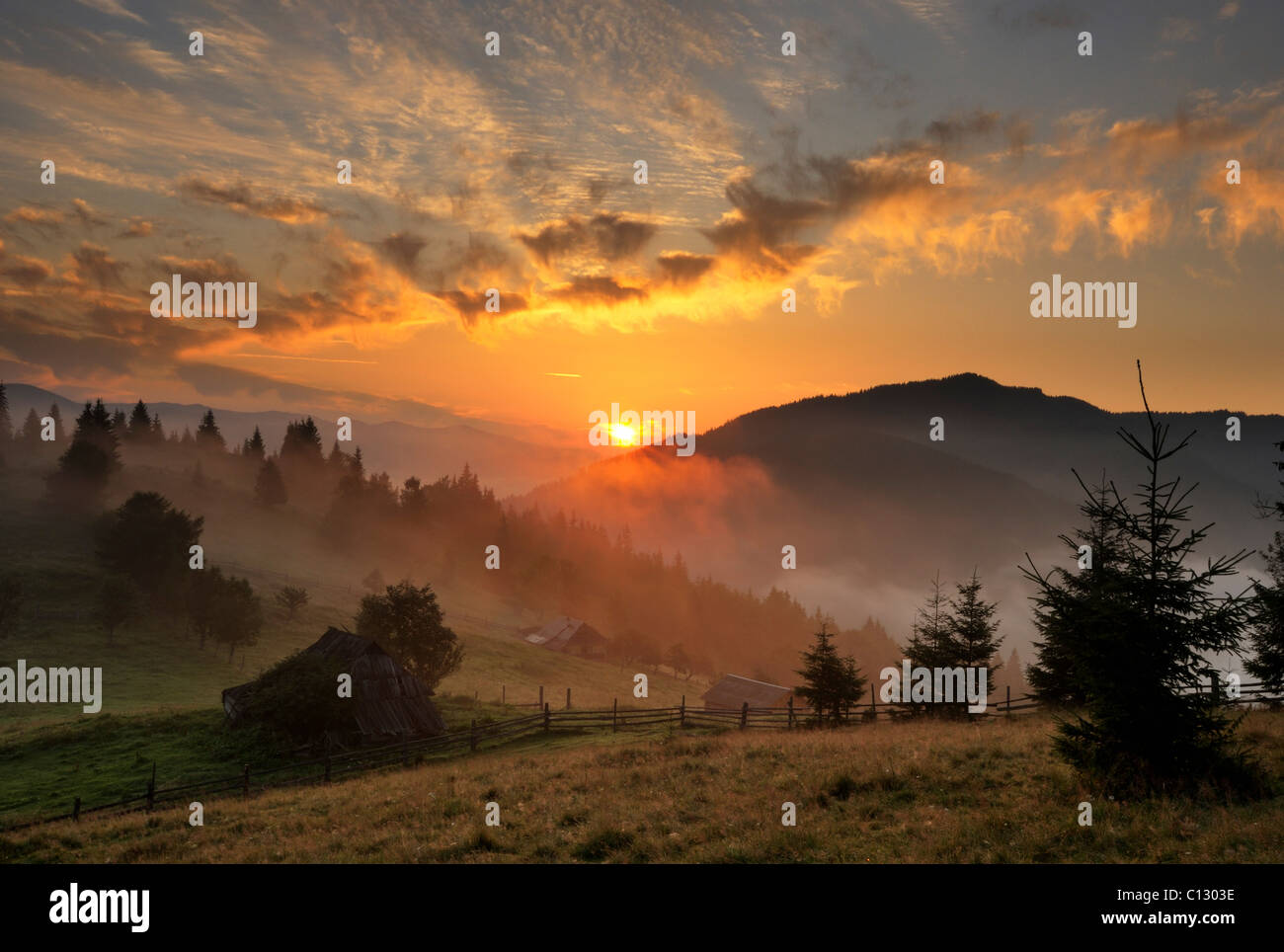 sunset in dzembronya area of ukraine Stock Photo