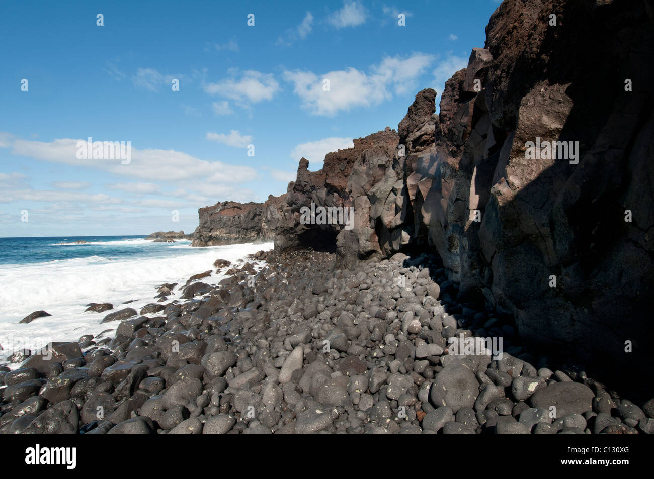 black lava rocks , sea waves Lanzarote Stock Photo
