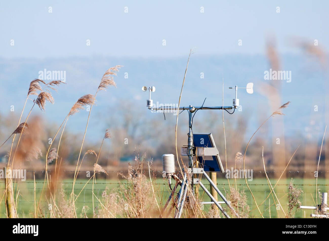A Weather Station in the landscape. Slimbridge - Wildlife and Wetlands Trust.   (The Cotswold escarpment provides a backdrop. ) Stock Photo