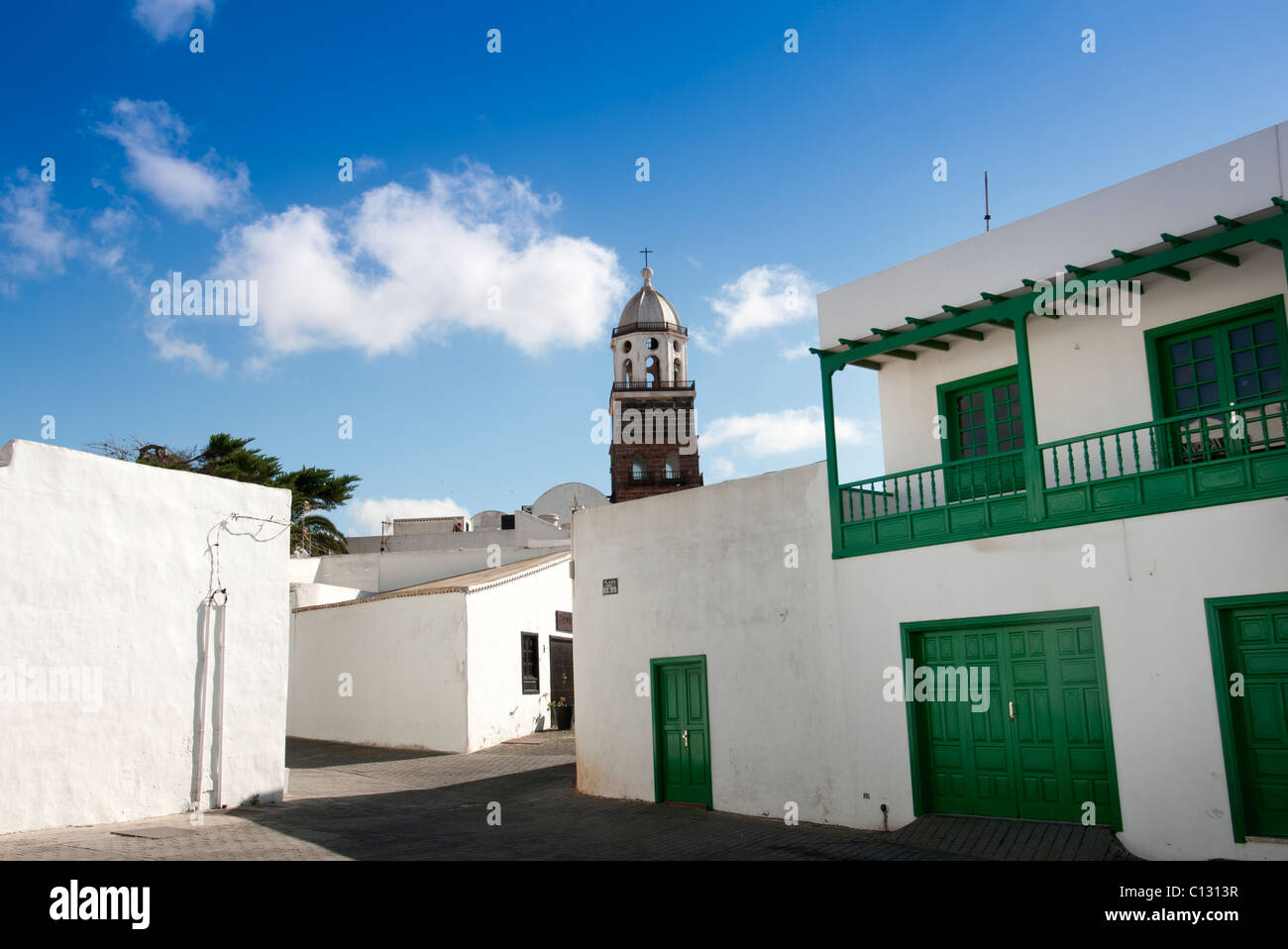 white buildings with green painted windows & door frames Stock Photo