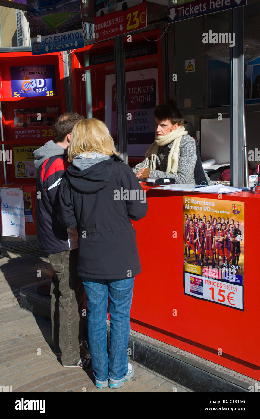 Couple buying tickets at FC Barcelona booth along Ramblas avenue Barcelona  Catalunya Spain Europe Stock Photo - Alamy