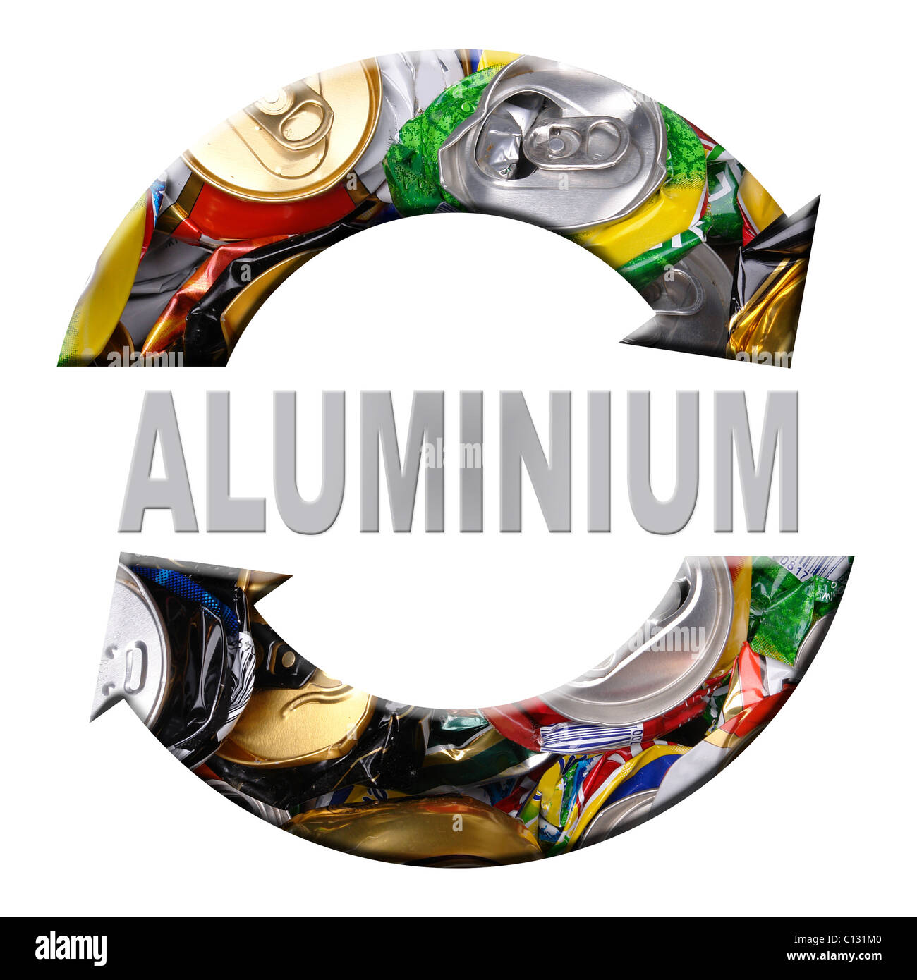 Two arrow aluminum recycling symbol with superimposed crashed beer cans over white background Stock Photo