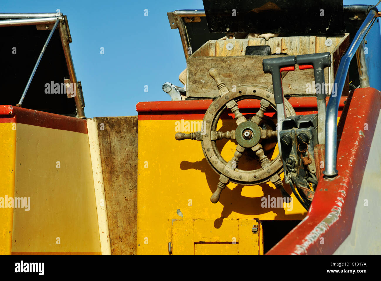 Boat, group of objects, steering wheel, controls of boat, throttle
