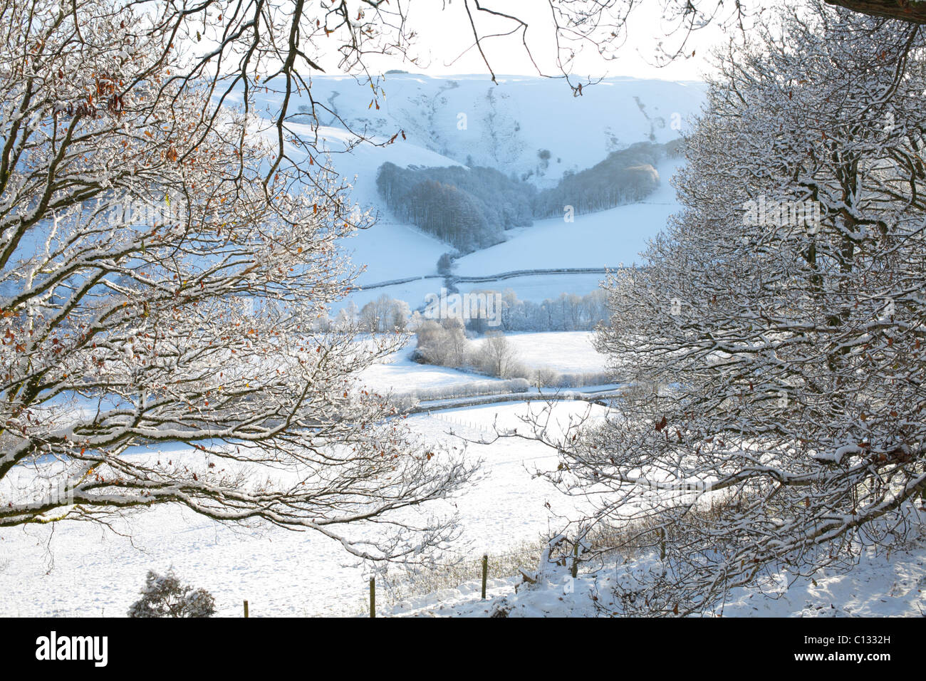 Snow in the Hafren (Severn) Valley. Near Llanidloes, Powys, Wales, UK. Stock Photo