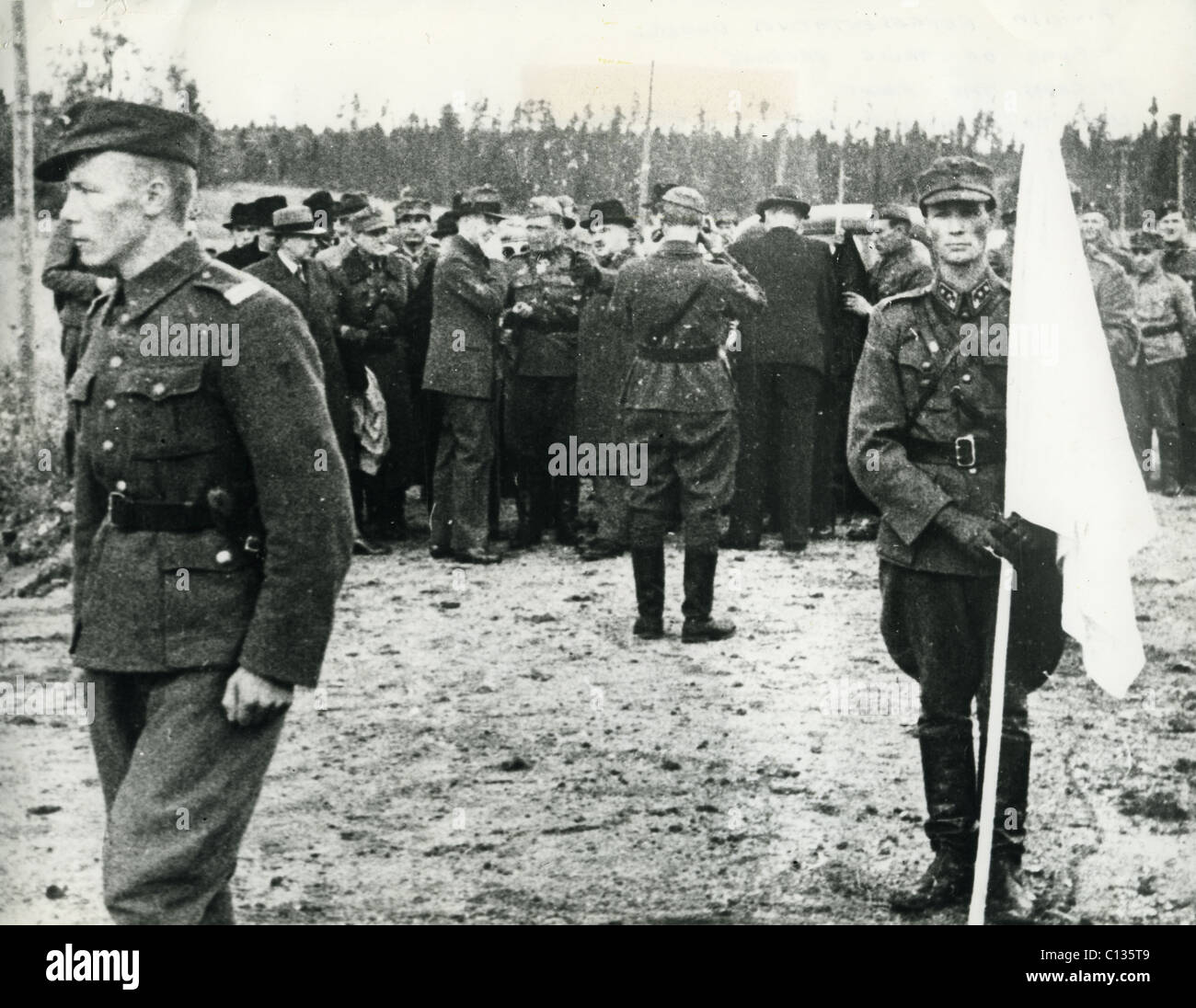 WINTER WAR 1939-1940 Under white flag Finnish representatives prepare to travel to Moscow to discuss surrender terms early March Stock Photo