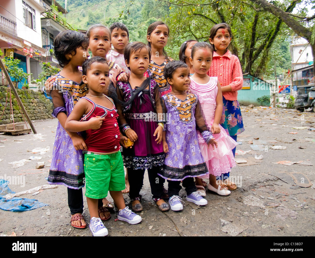 Group of kids dressed up for Diwali, the festival of light, in Sikkim, India Stock Photo
