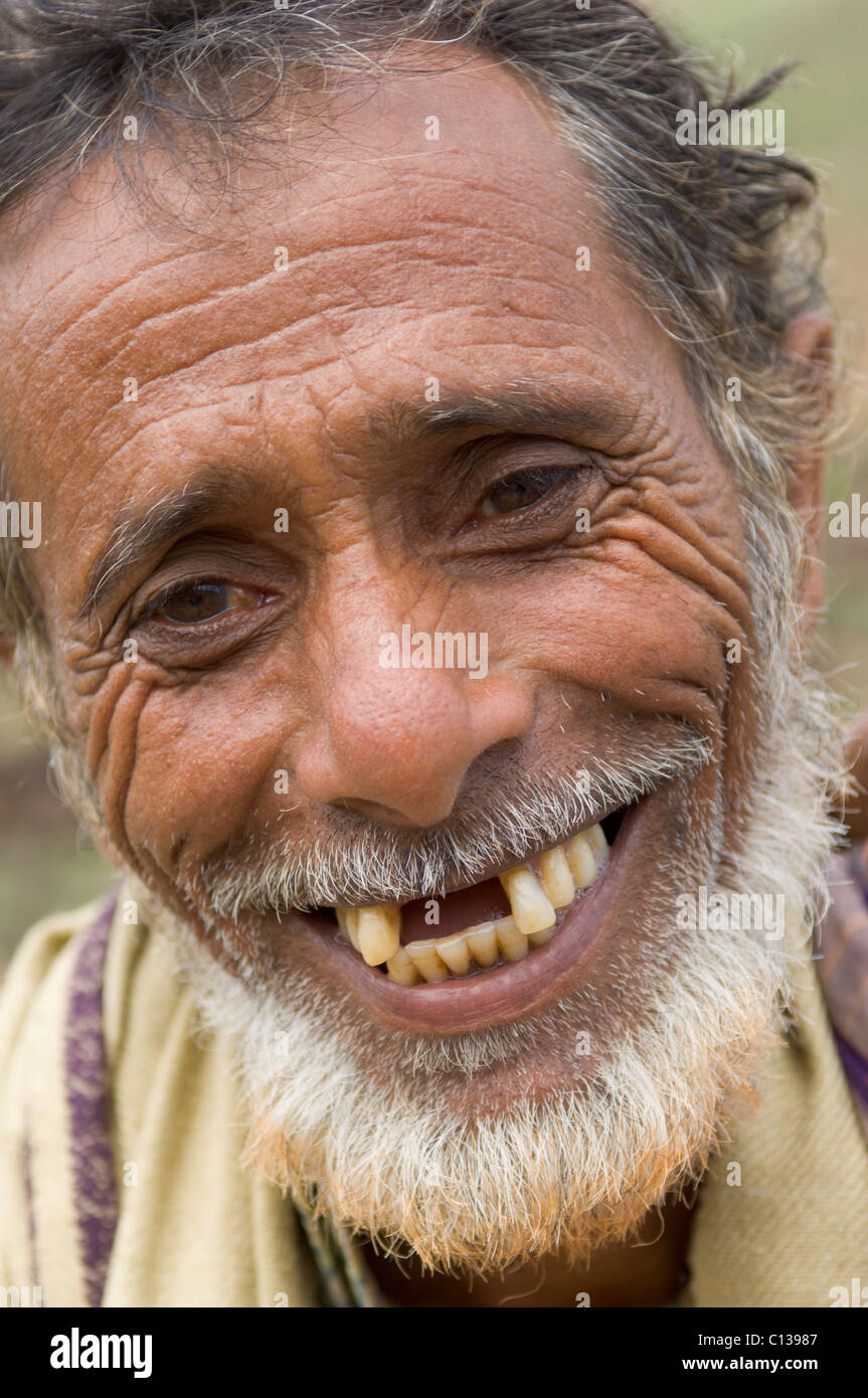 Smiling old man with missing teeth in the central highlands, Socotra, Yemen Stock Photo