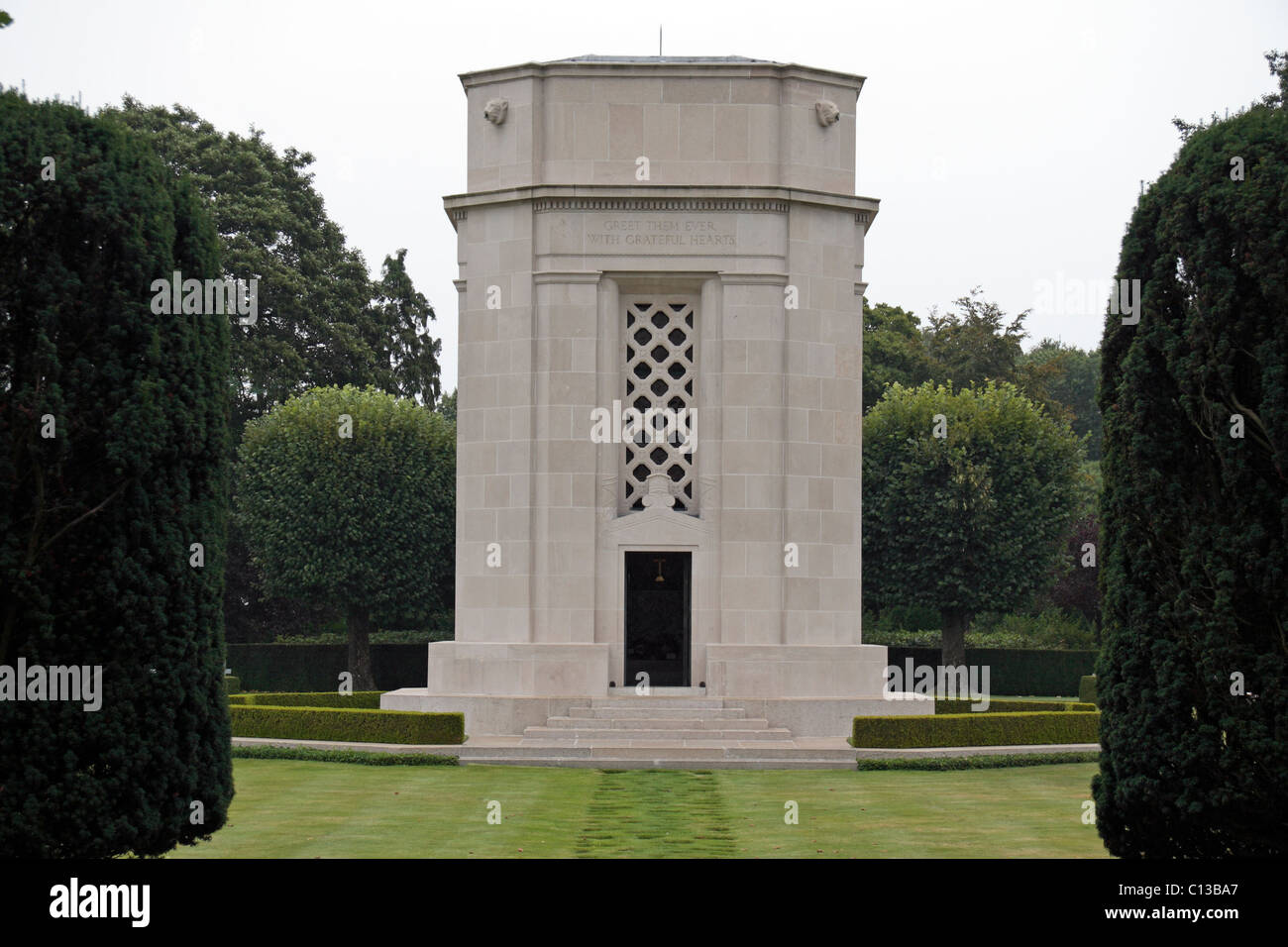 White stone Chapel in the Flanders Field American Cemetery and Memorial in Waregem, Belgium Stock Photo