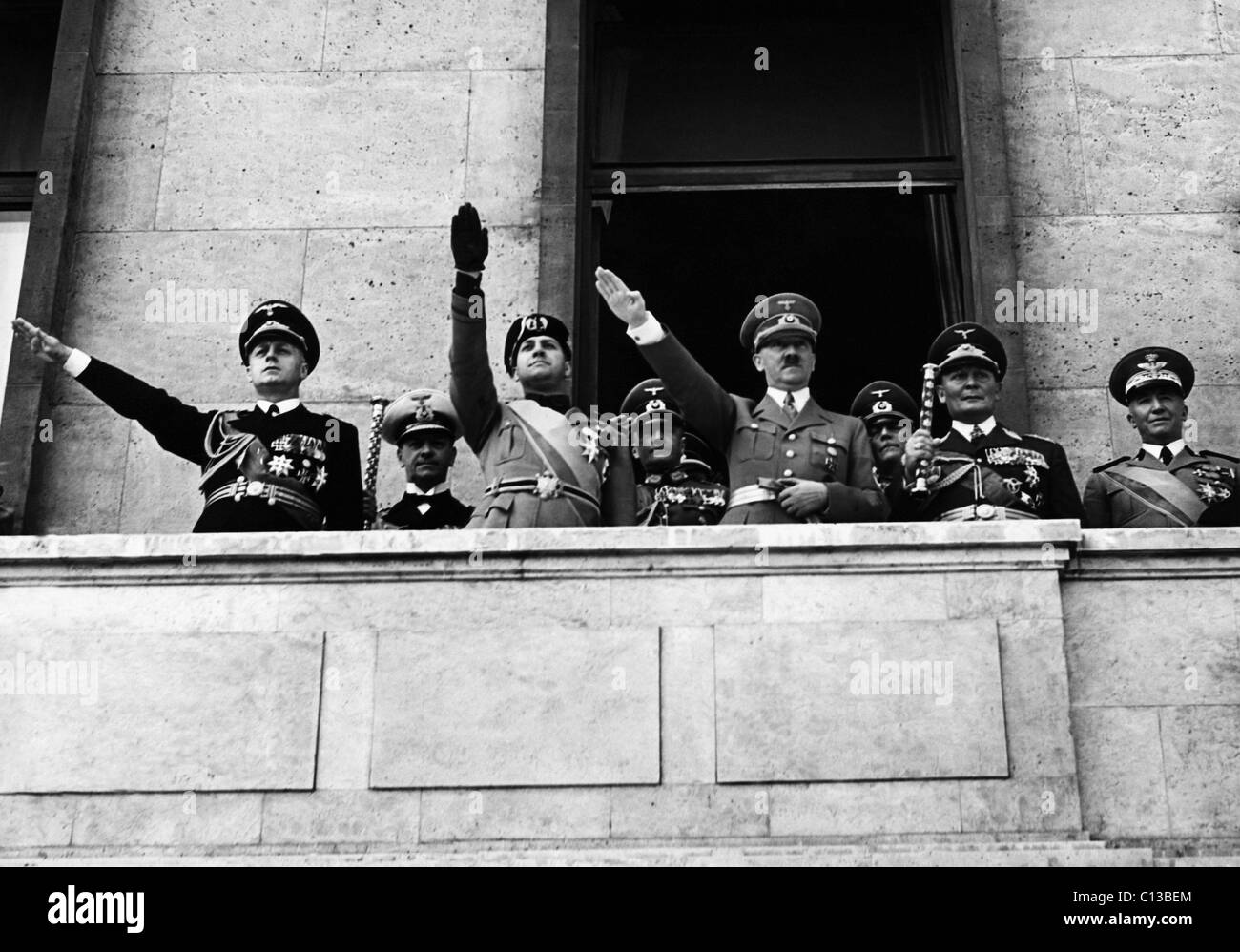 From left, Foreign Minister Joachim von Ribbentrop, Italian Foreign Minister Galeazzo Ciano, Adolf Hitler, Field Marshall Hermann Goering, Italian General Alberto Pariani, in Berlin, after signing military alliance, May 1939 Stock Photo