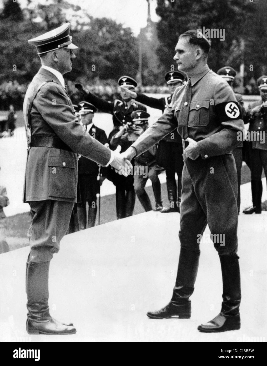 From left, Adolf Hitler, Deputy Rudolf Hess, at the National Party Congress, Nuremberg, September 1938 Stock Photo