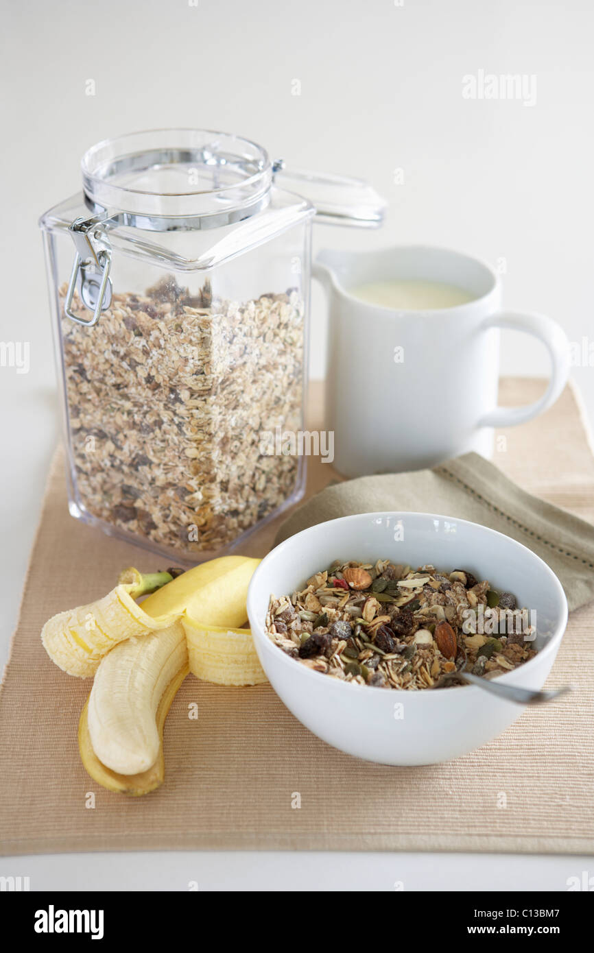A table setting of breakfast foods Stock Photo