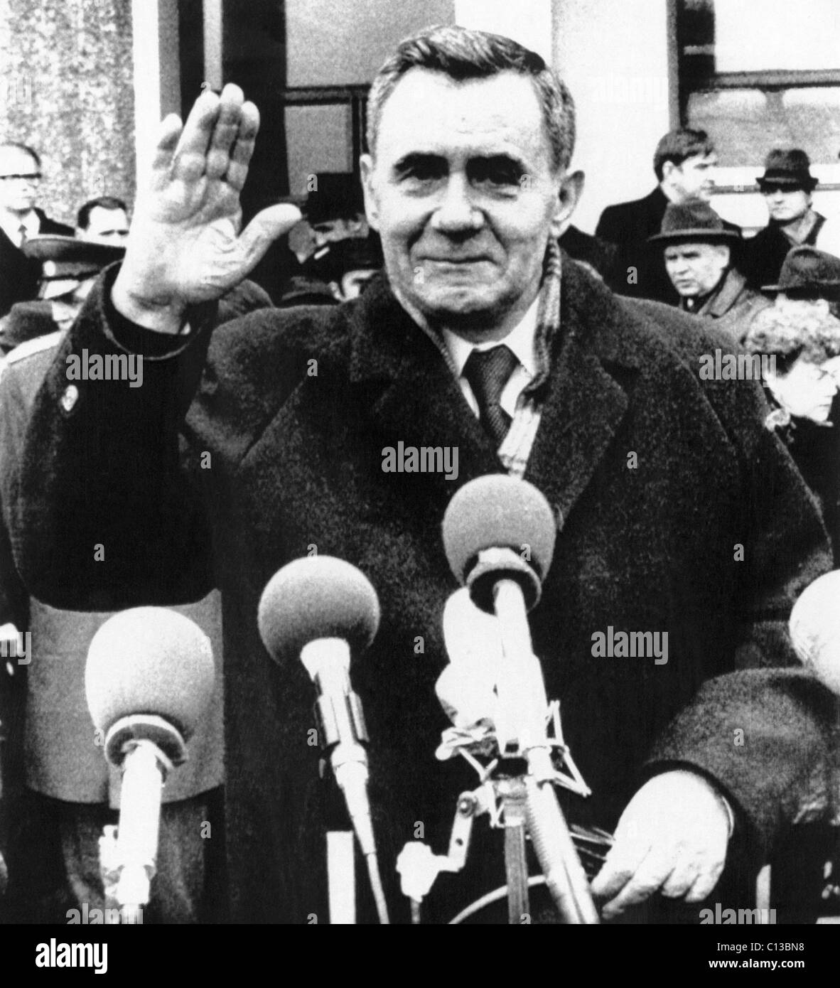 Soviet Foreign Minister Andrei Gromyko waving to onlookers on his arrival at Bretigny Military Airfield en route to the International Conference on Vietnam in Paris, February 24, 1973 Stock Photo