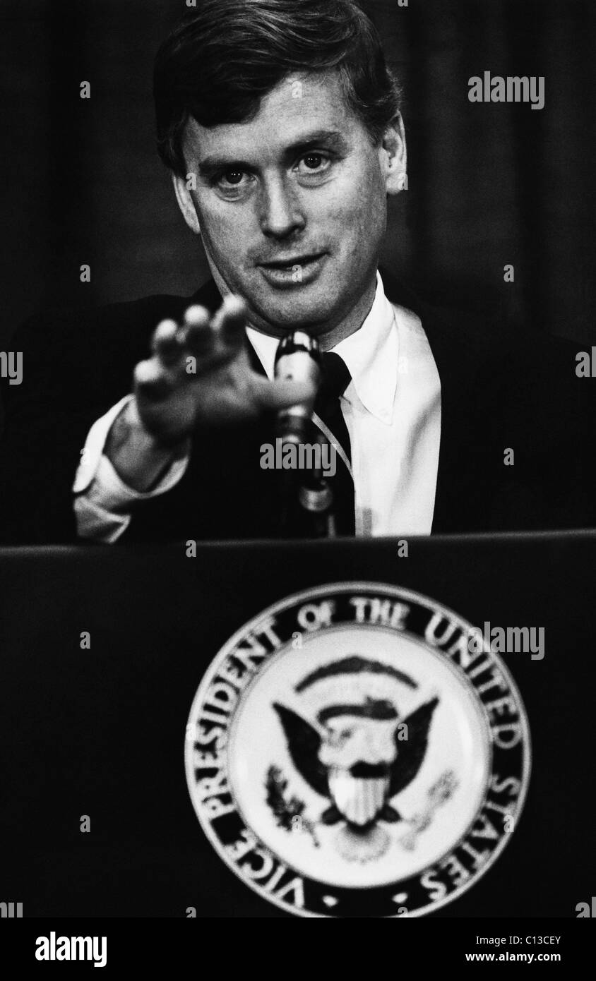 Bush Sr. Presidency. US Vice President Dan Quayle at press conference, circa 1989. Stock Photo