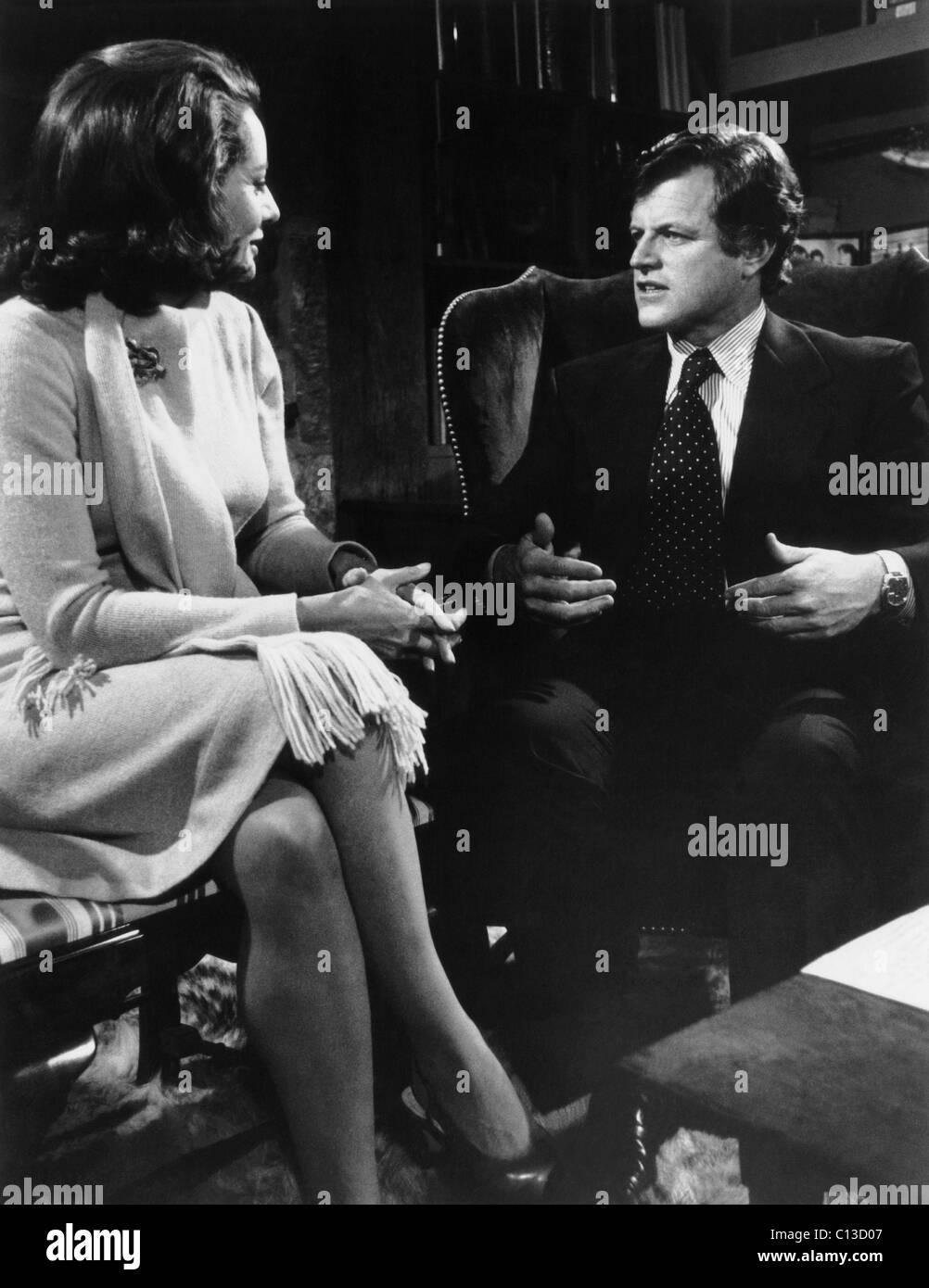 Barbara Walters, left, interviewing Senator Edward Kennedy, ca. late 1960s Stock Photo