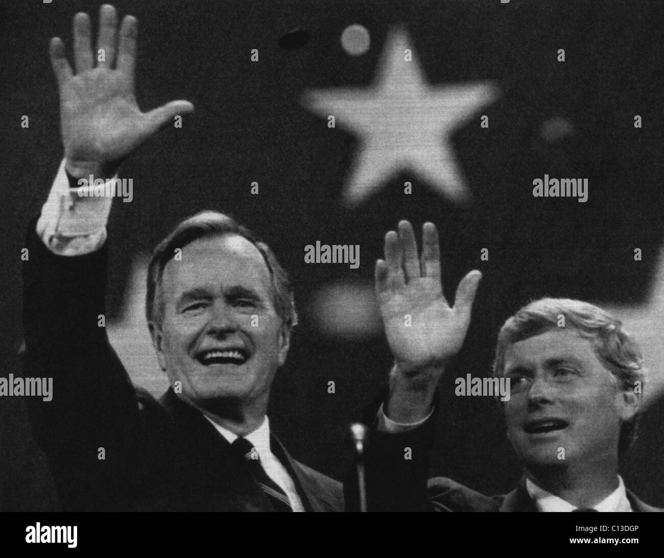 Bush Sr. Presidency. Vice President and Republican Party nominee (and future US President) George Bush and Senator and Vice Presidential nominee (and future Vice President) Dan Quayle, at the Republican National Convention, New Orleans, Louisiana, August, 1988. Stock Photo