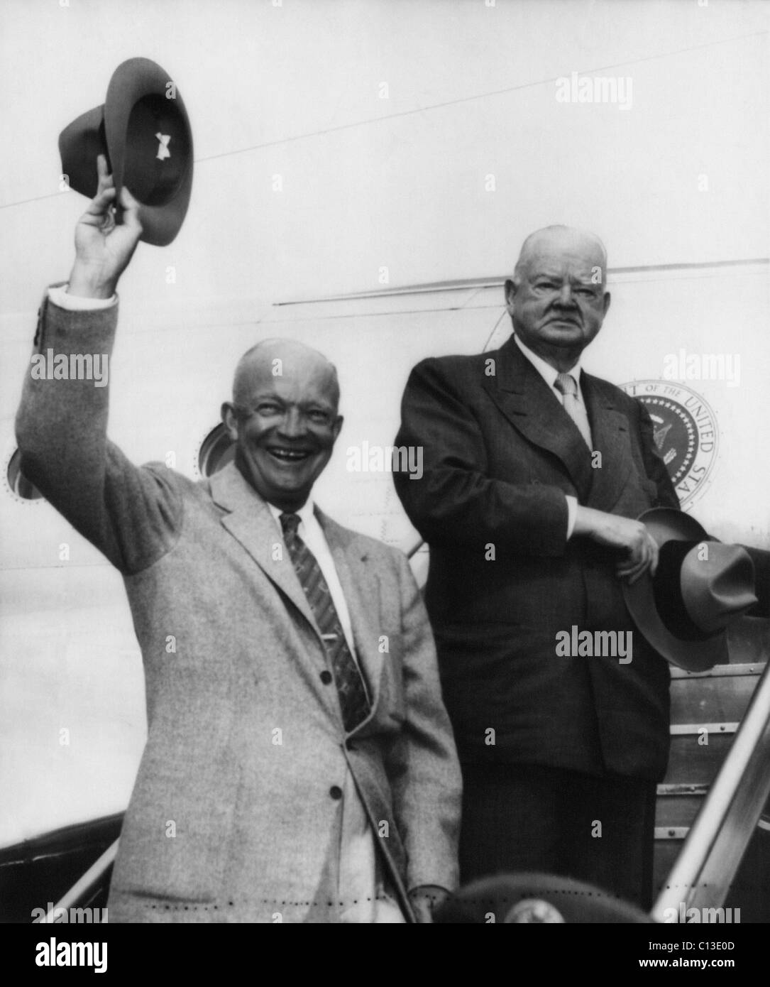 President Dwight D. Eisenhower, and Former President Herbert Hoover, heading to a fishing trip in the Rockies, August 30, 1954. Stock Photo