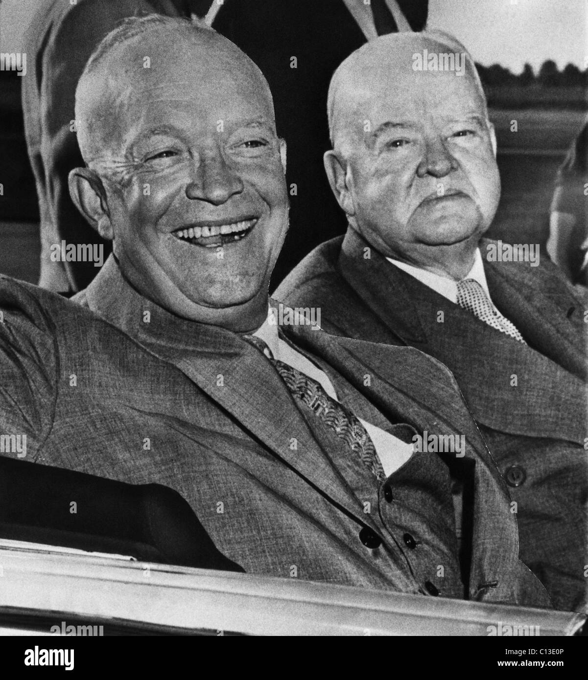 President Dwight D. Eisenhower, and Former President Herbert Hoover, heading to a fishing trip in the Rockies, Iowa, August, 1954. Stock Photo