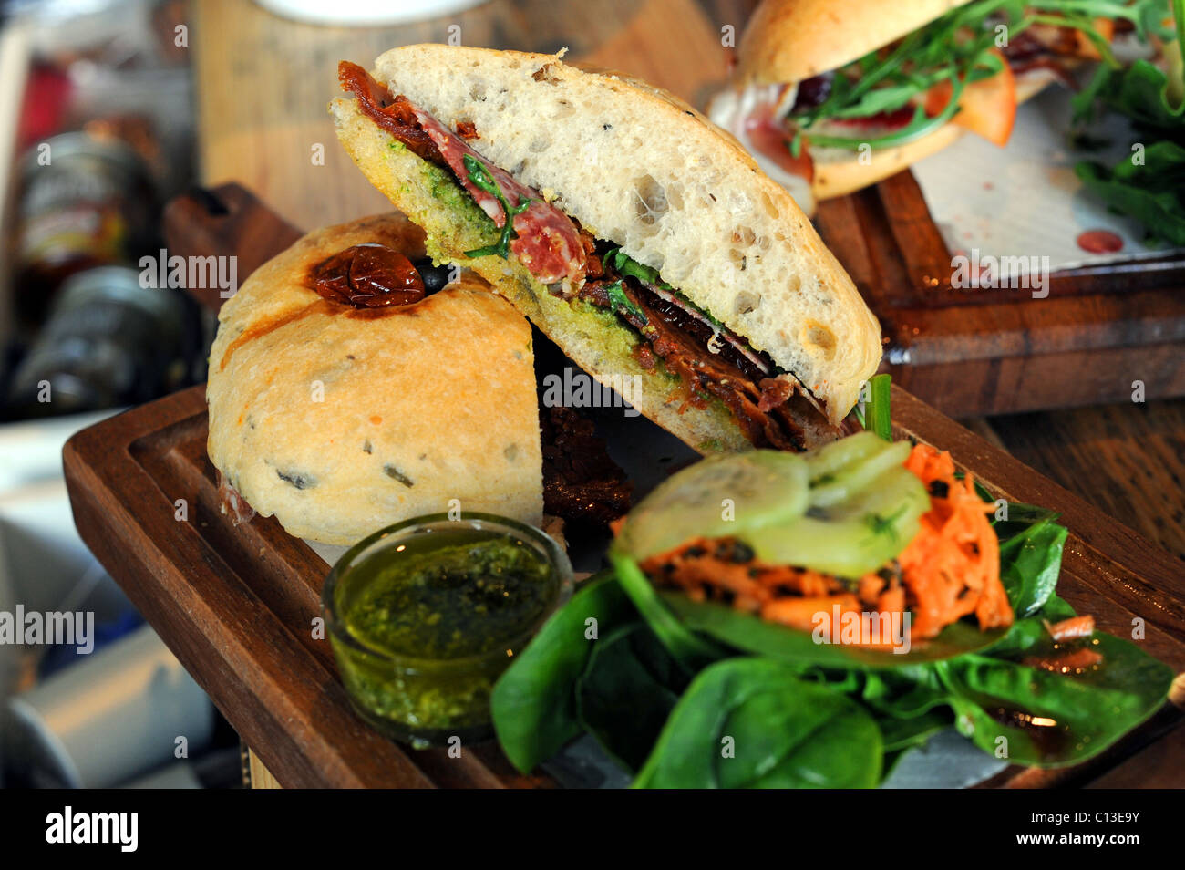 A selection of delicious sandwiches for sale in Artisan delicatessen shop in Brighton Stock Photo