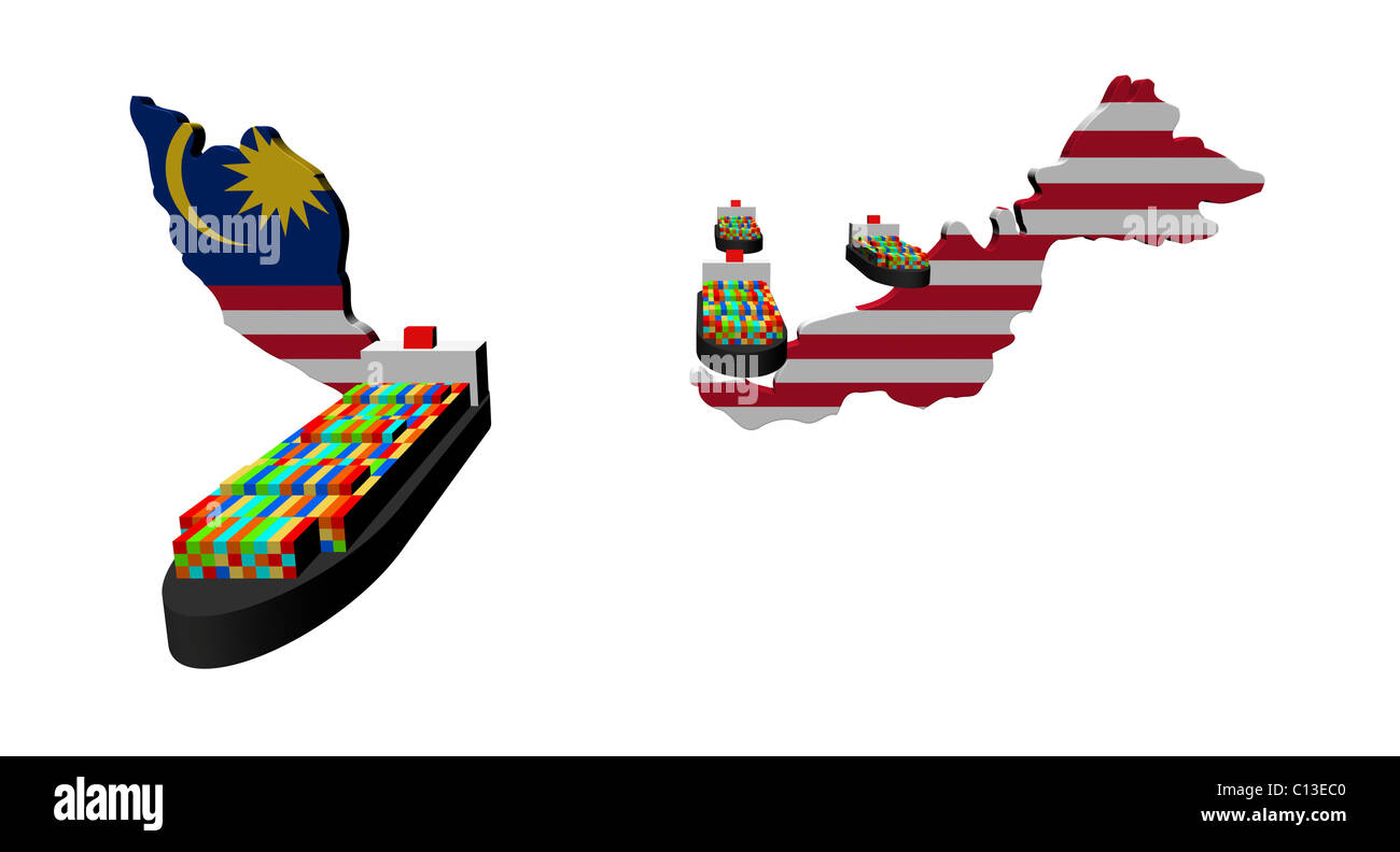 Malaysia map flag with container ships illustration Stock Photo