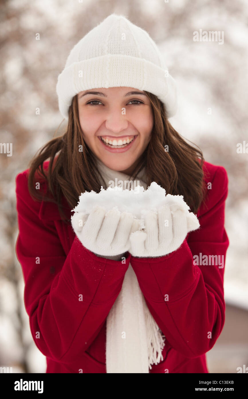 Young woman woolly hat smile hi-res stock photography and images - Alamy