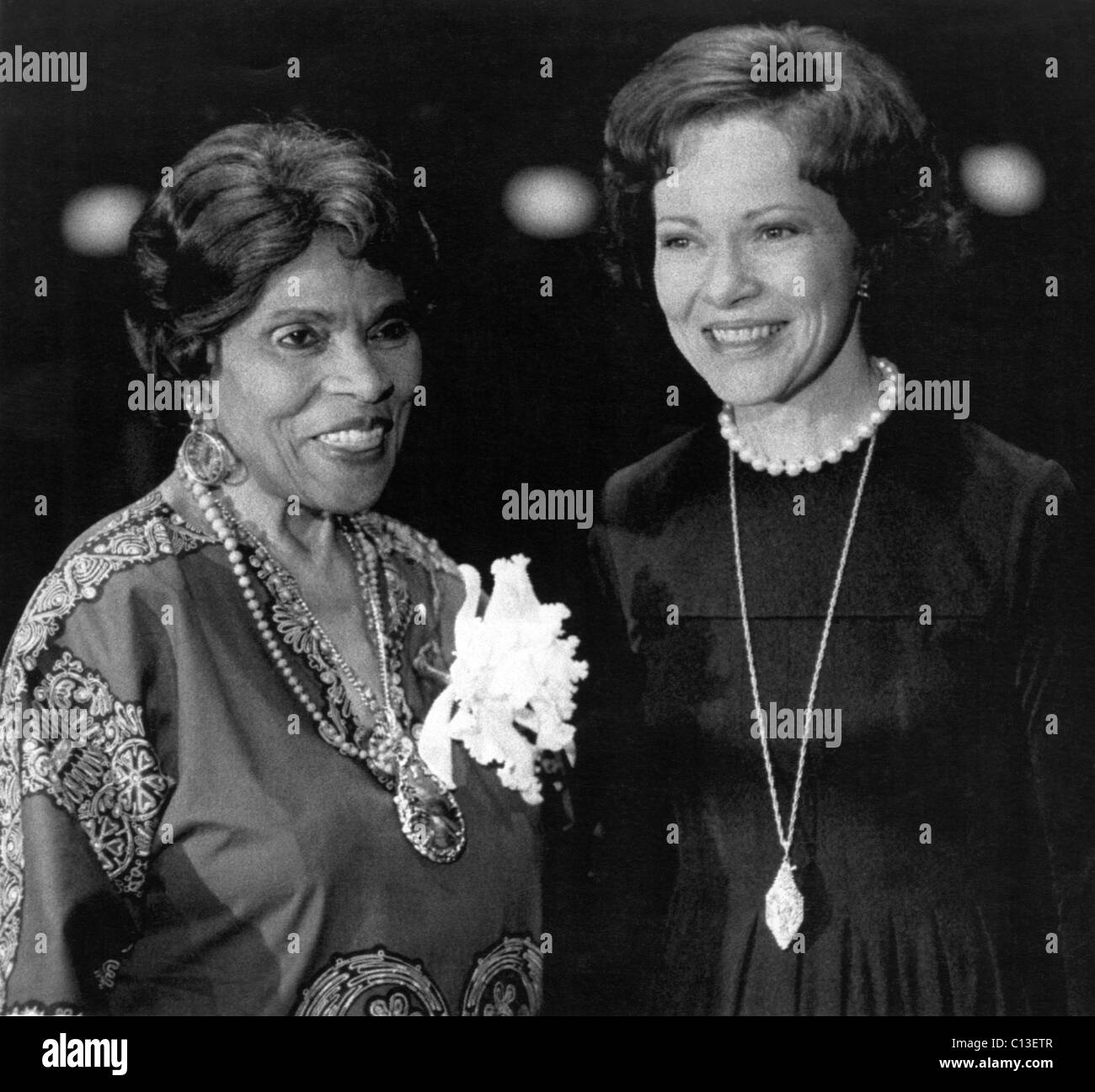 From left: Marian Anderson and First Lady Rosalynn Carter at the 75th birthday tribute concert during which the singer was presented with the gold medal that Congress awarded her. Carnegie Hall, New York City, February 27, 1977 Stock Photo