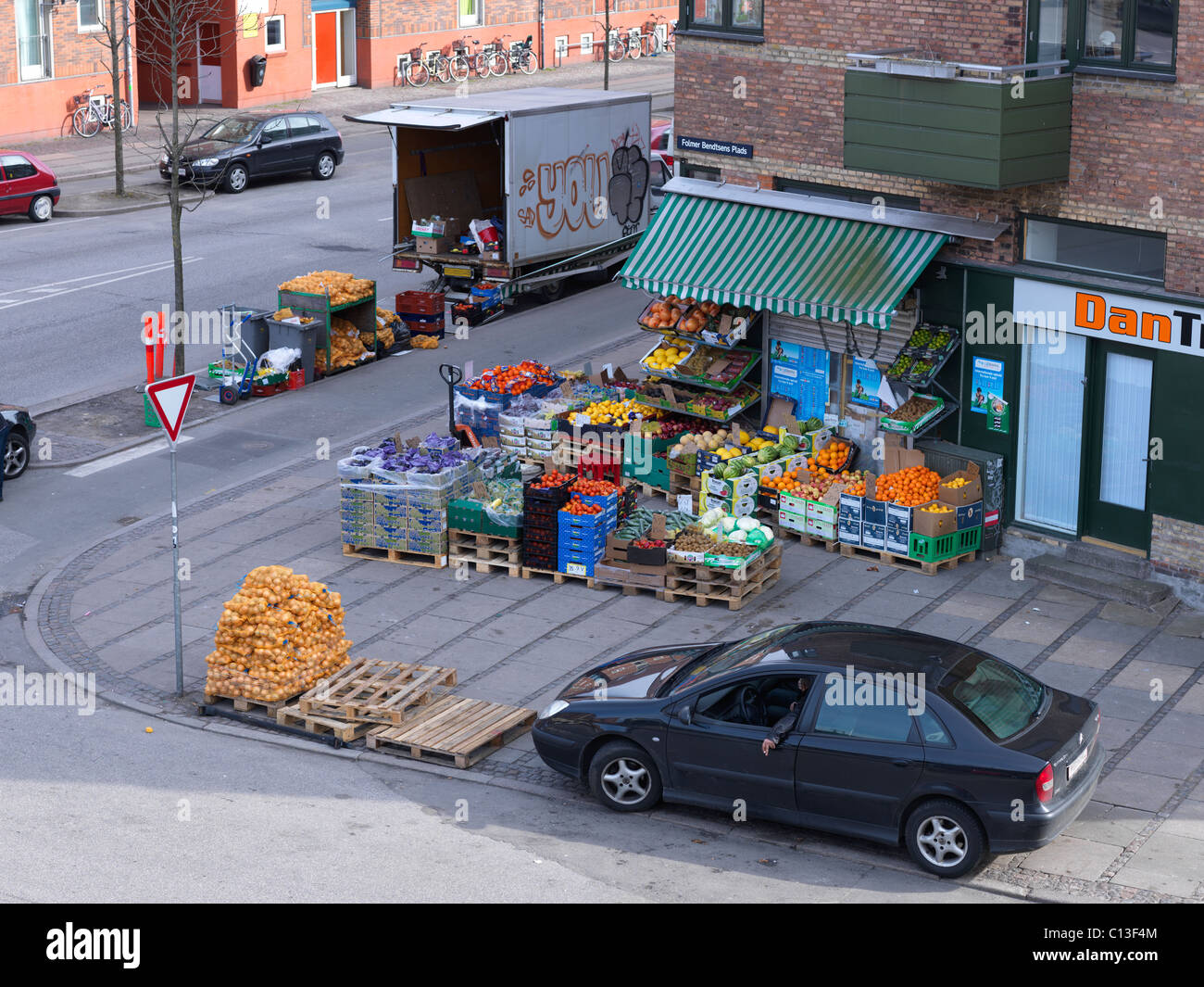 greengrocers fruit and vegetable display outside shop in Copenhagen Denmark Stock Photo