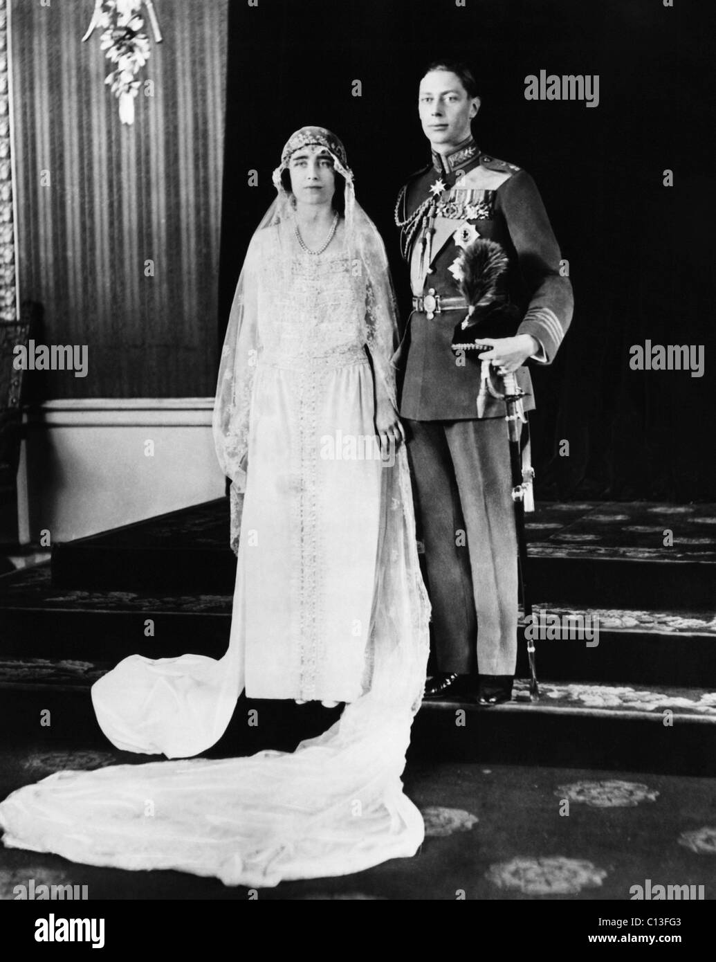 British Royalty. British Lady Elizabeth Bowes-Lyon (future Queen Mother), Prince George, Duke of York (future King George VI of Stock Photo
