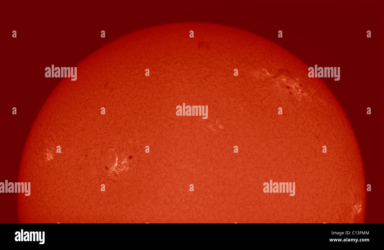 Sunspots and active regions on the surface of the sun, photographed in Hydrogen alpha Stock Photo