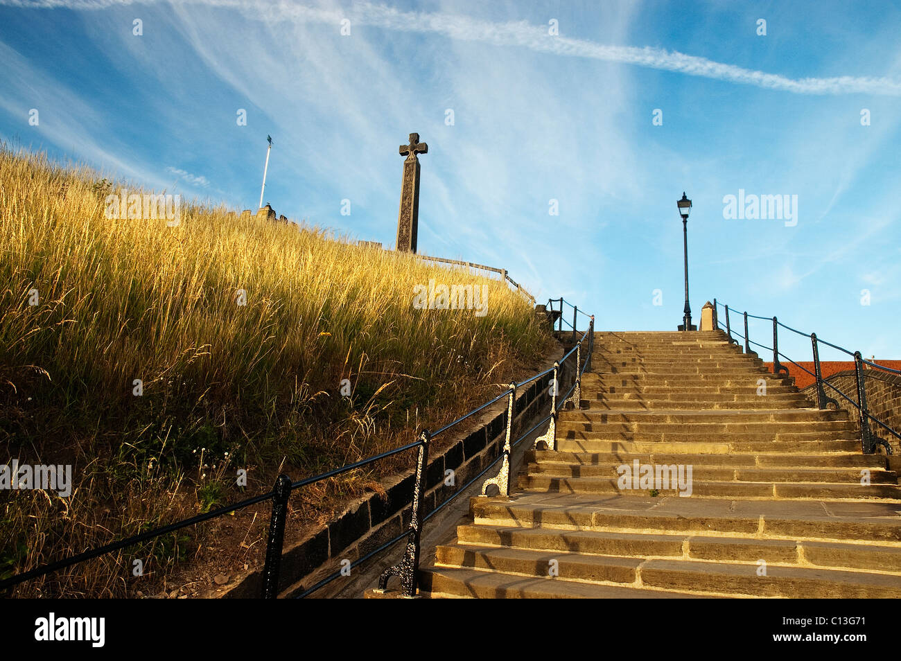 Looking up the 199 steps Whitby towards St Mary's Church Stock Photo