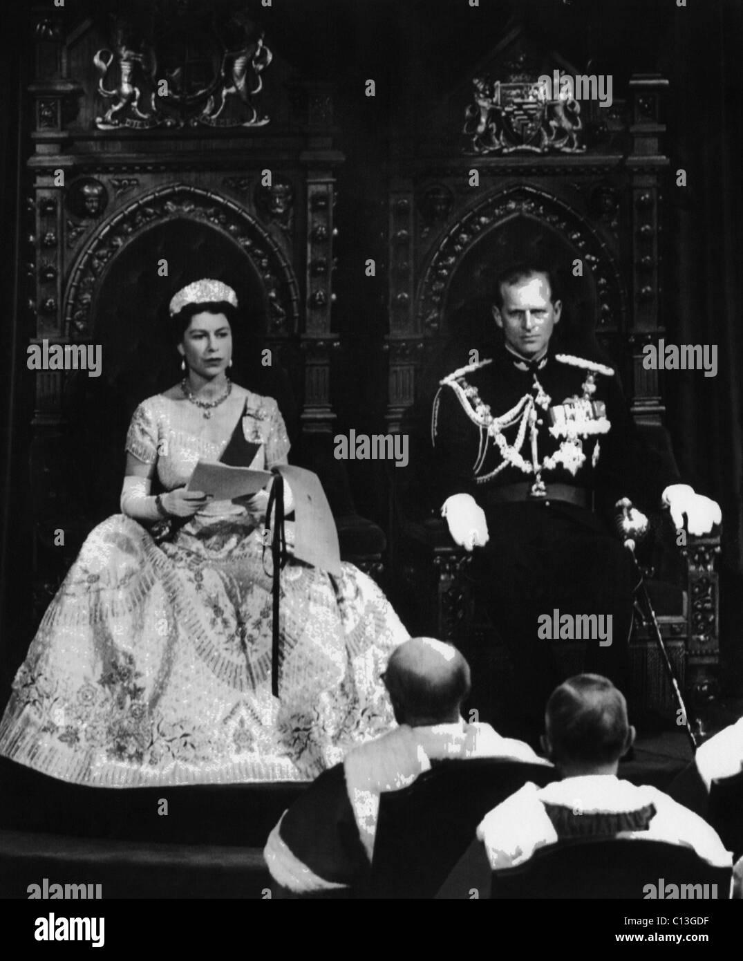 Queen Elizabeth II, and her husband and consort, Prince Philip, during the opening of Parliament in the Chamber in the House of Stock Photo