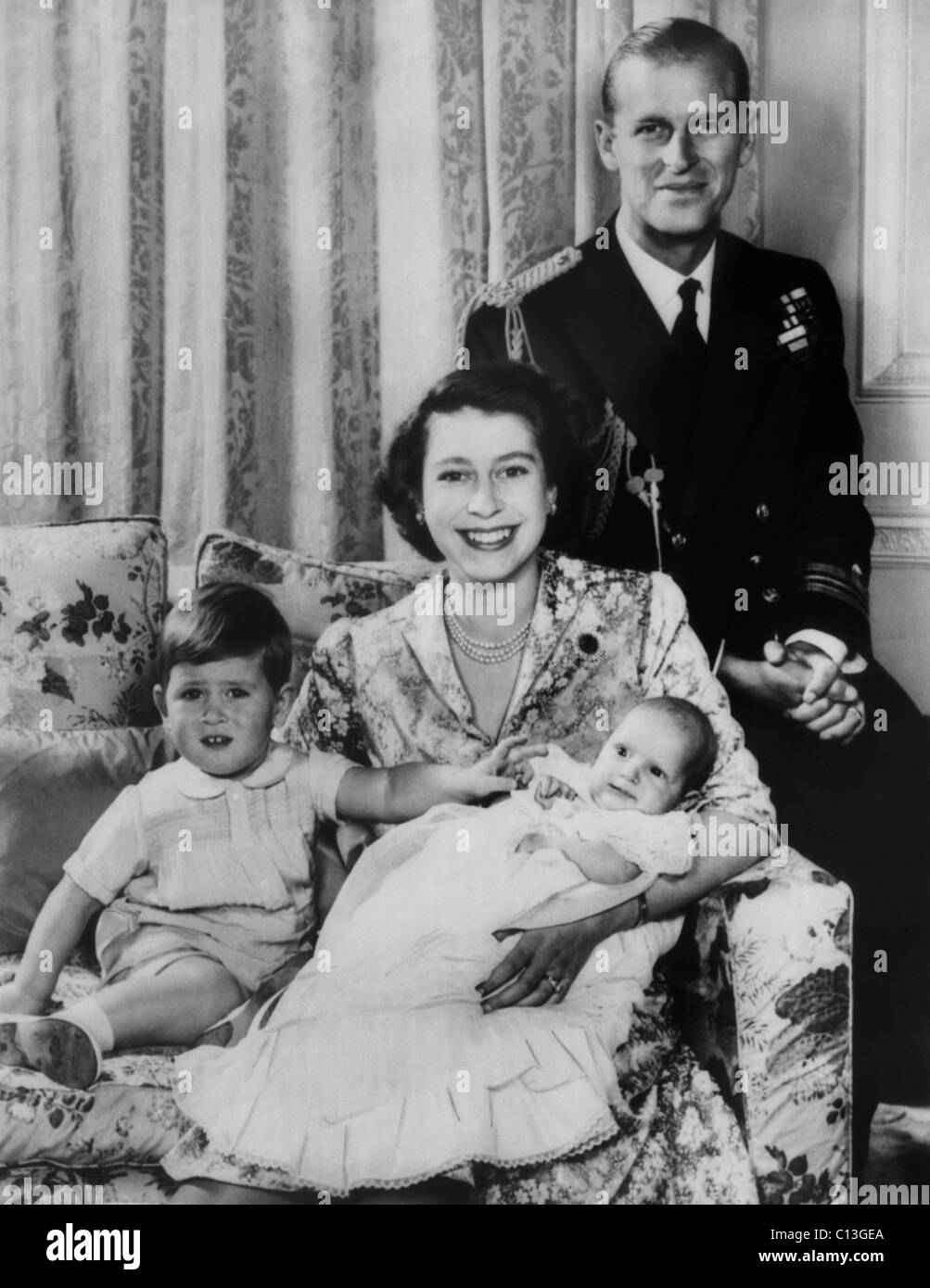 British Royal Family. From left: future Prince of Wales Prince Charles, future Queen of England Princess Elizabeth, future Princess Royal of England Princess Anne, Prince Philip, Duke of Edinburgh, London, England, 1951. Stock Photo
