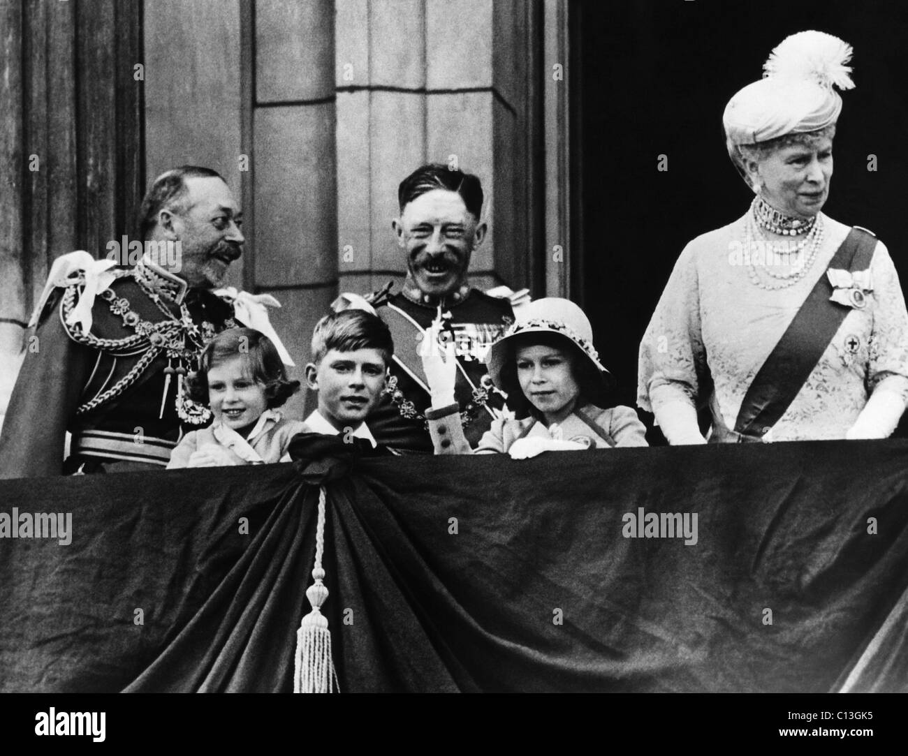 British Royal Family. From left: British King George V, Future Countess of Snowdon Princess Margaret, Gerald Lascelles, Earl of Stock Photo