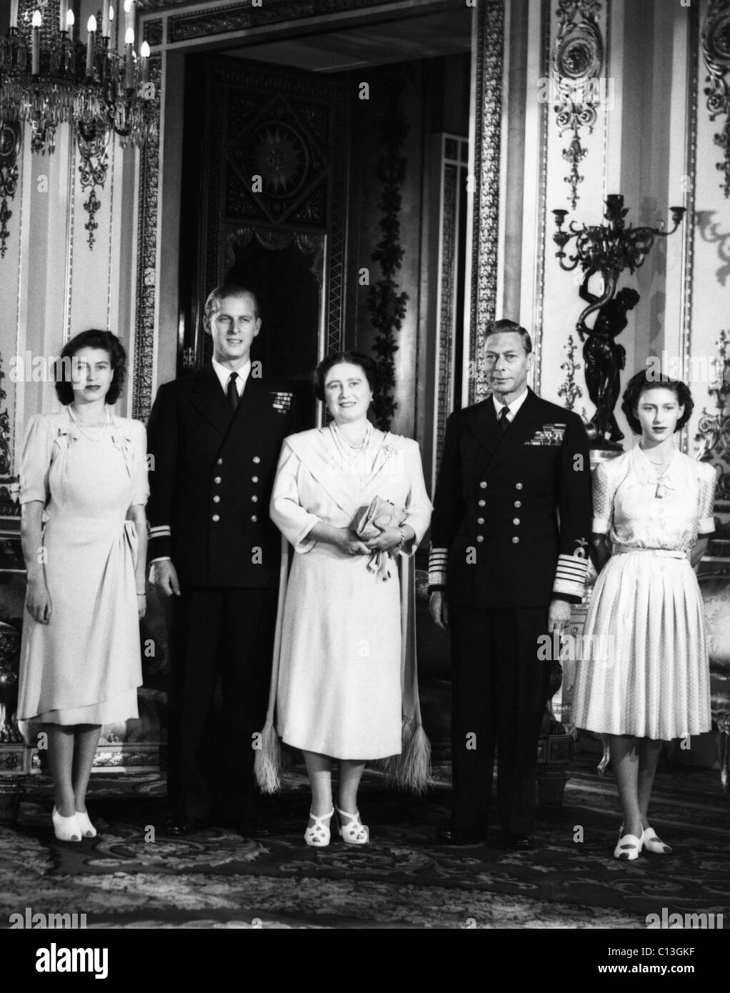 British Royal Family. From left: Future British Queen Princess Elizabeth,  Future Prince Philip, Duke of Edinburgh Lt. Philip Mountbatten, British  Queen Elizabeth (future Queen Mother), British King George VI, Future  Countess of