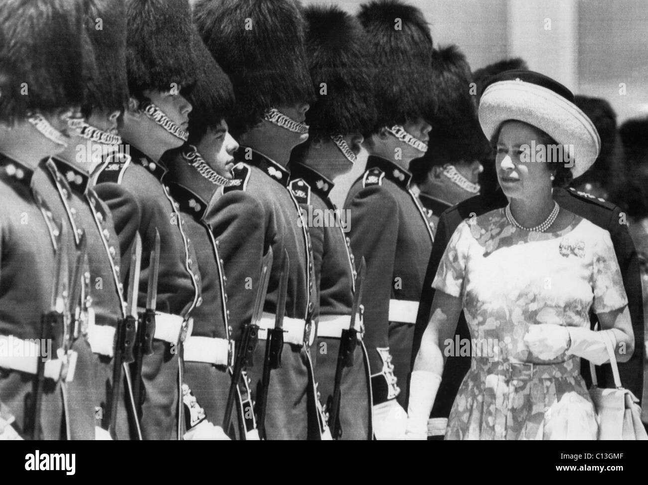 British Royalty. Queen Elizabeth II of England, reviewing the Royal Regiment of Canada, Toronto, Ontario, Canada, circa early 1970s. Stock Photo
