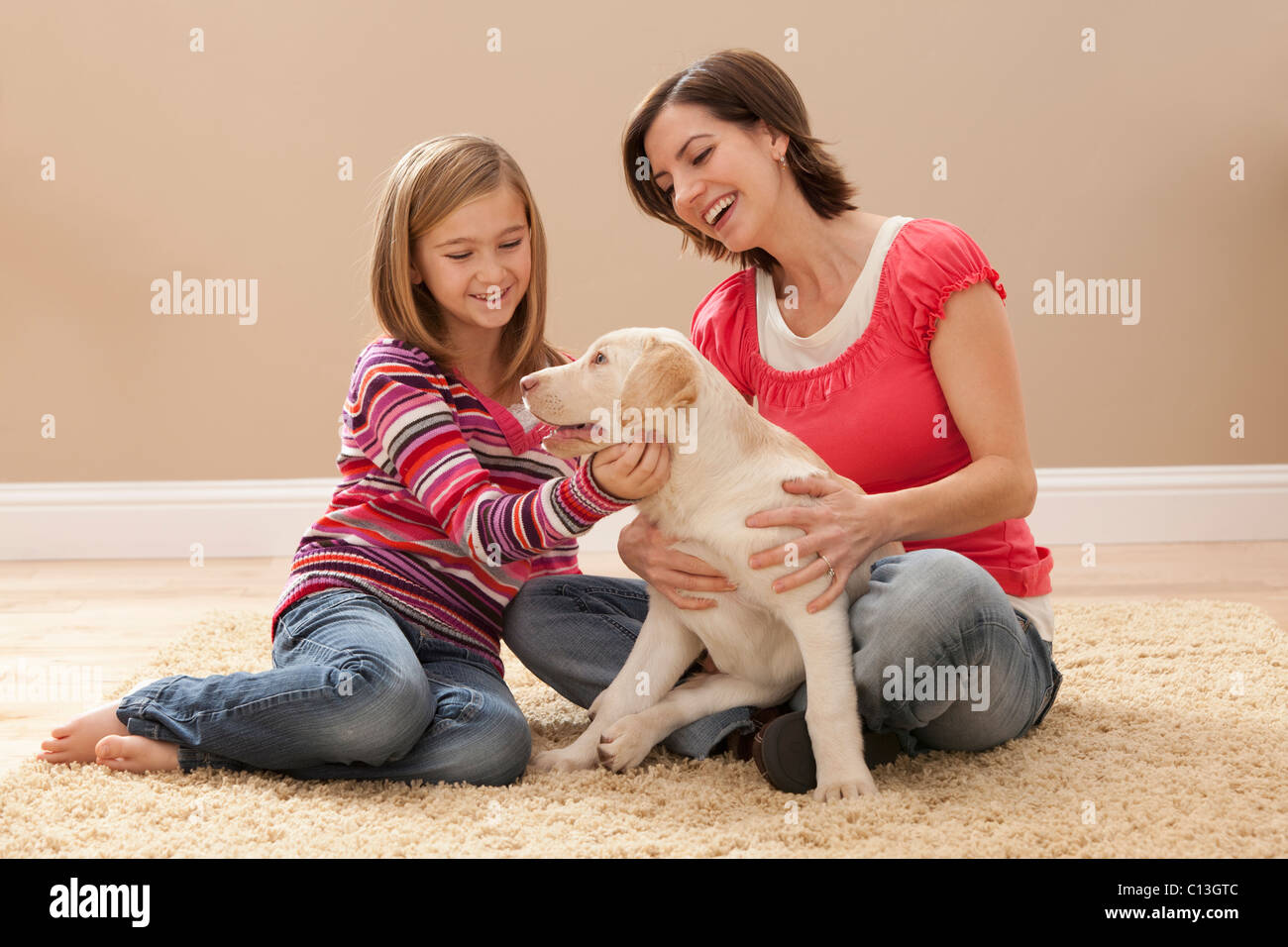 USA, Utah, Lehi, Mother and daughter (10-11) playing with Labrador on carpet Stock Photo