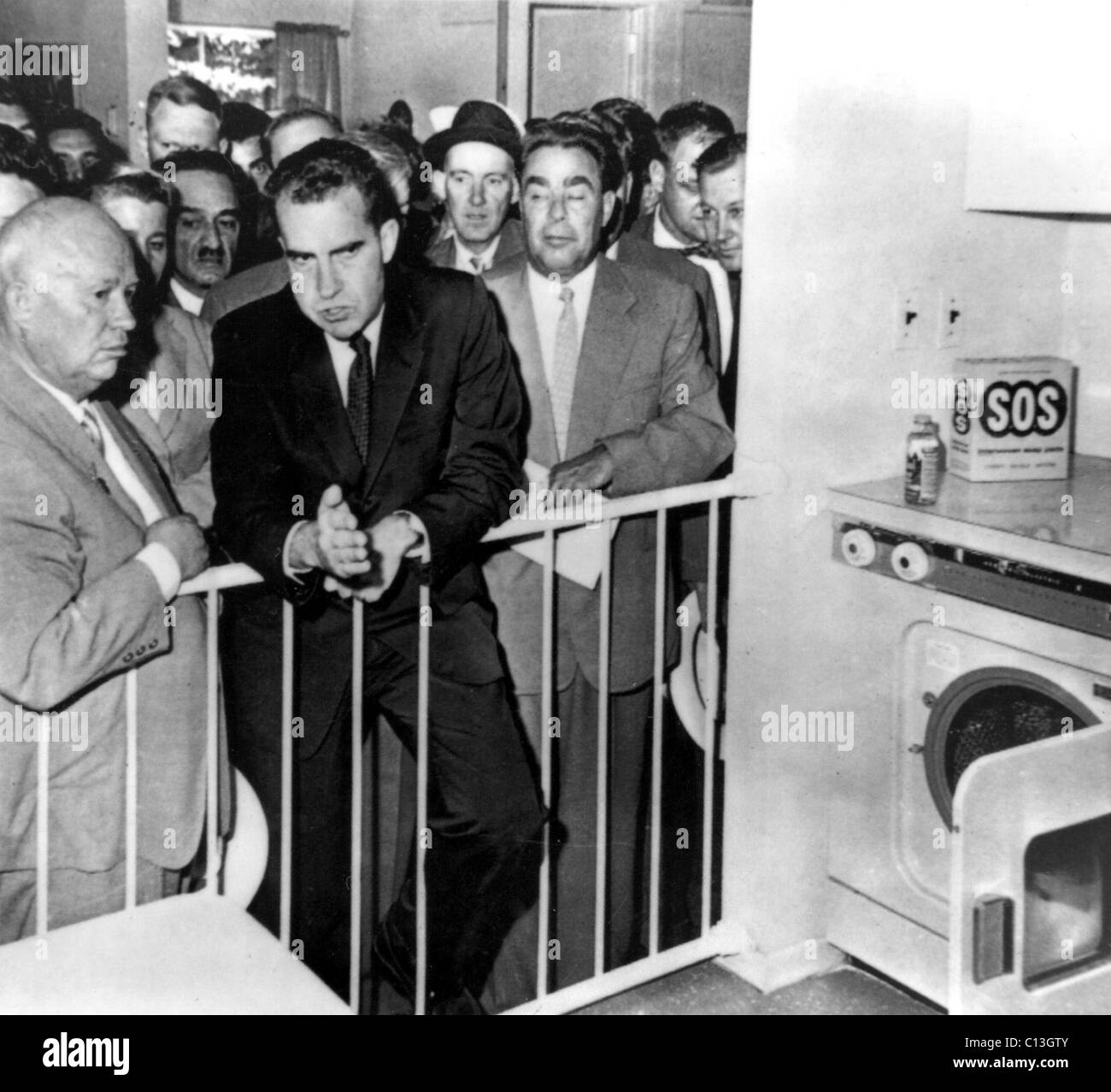Nikita Khrushchev, Richard Nixon, Leonid Brezhnev during the 'Kitchen Debate,' 1959 Stock Photo