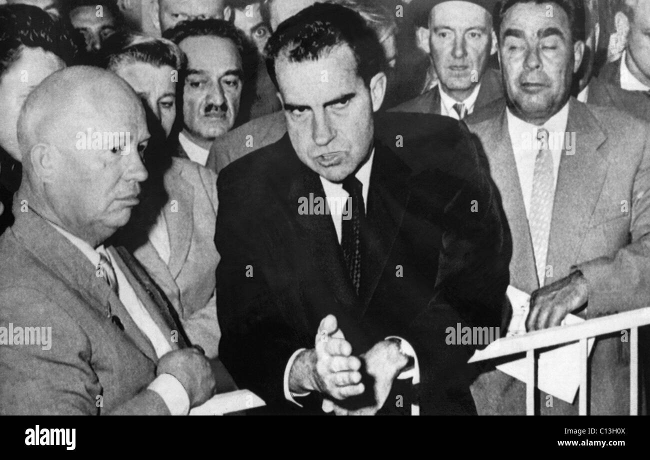 1959 Cold War. From left: Soviet Premier Nikita Khrushchev, Vice Presdient (and future US President) Richard Nixon, (future Soviet Premier) Leonid Brezhnev during the 'Kitchen Debate,' Moscow, Soviet Union (Russia), July, 1959. Stock Photo