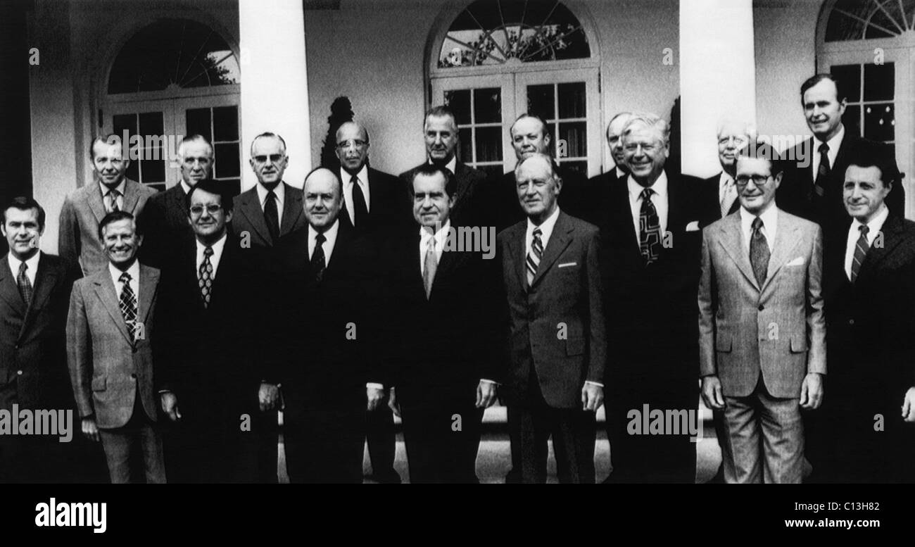 1972 Nixon Cabinet.  From left, front row: Donald Rumsfeld, John Volpe, Peter Peterson, Melvin Laird, Richard Nixon, William P. Stock Photo