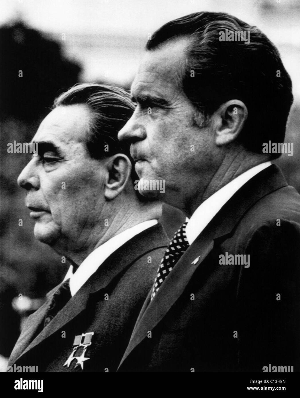 Nixon Presidency.  Soviet Premier Leonid Brezhnev and US President Richard Nixon   at the White House, Washington, D.C., 1973. Stock Photo