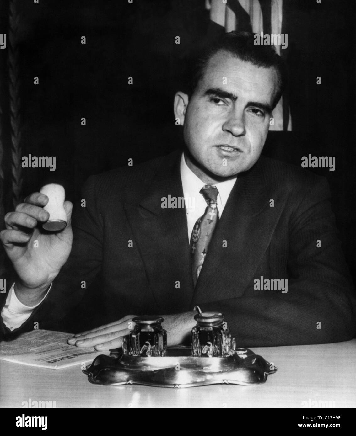 Nixon Vice Presidency.  Vice President (and future US President) Richard Nixon at the rostrum in the US Senate chamber, holding Stock Photo
