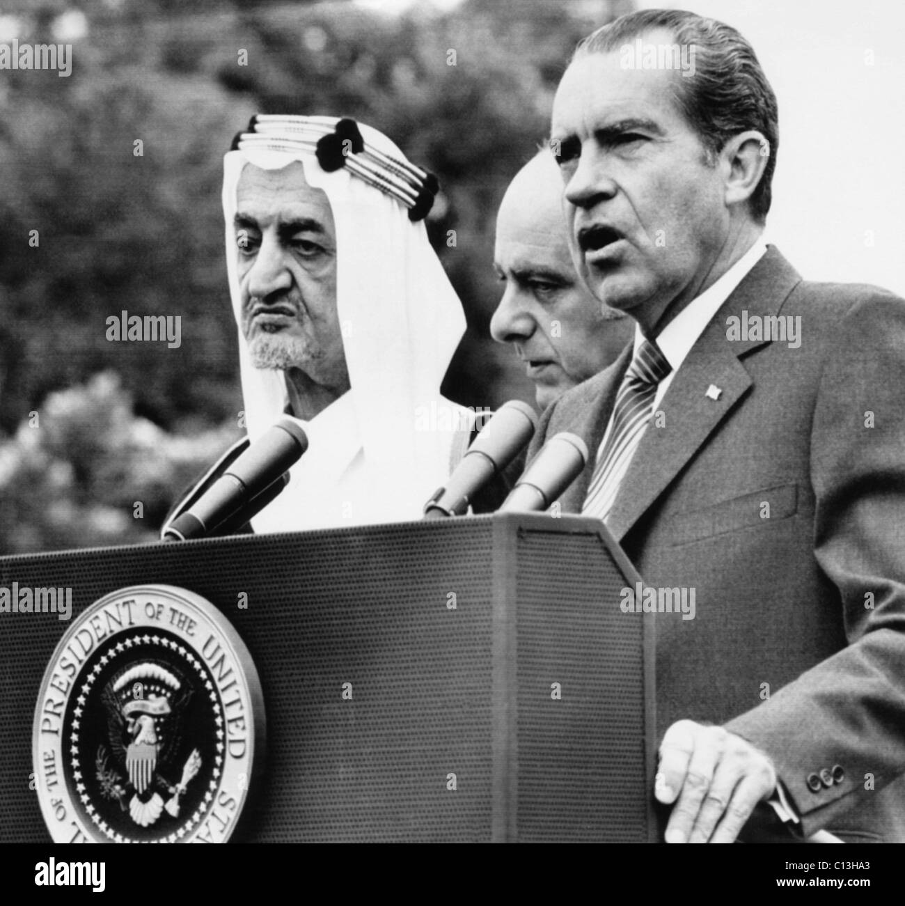 Nixon Presidency. King Faisal of Saudi Arabia with US President Richard Nixon during a White House visit, Washington, D.C., 1971. Stock Photo