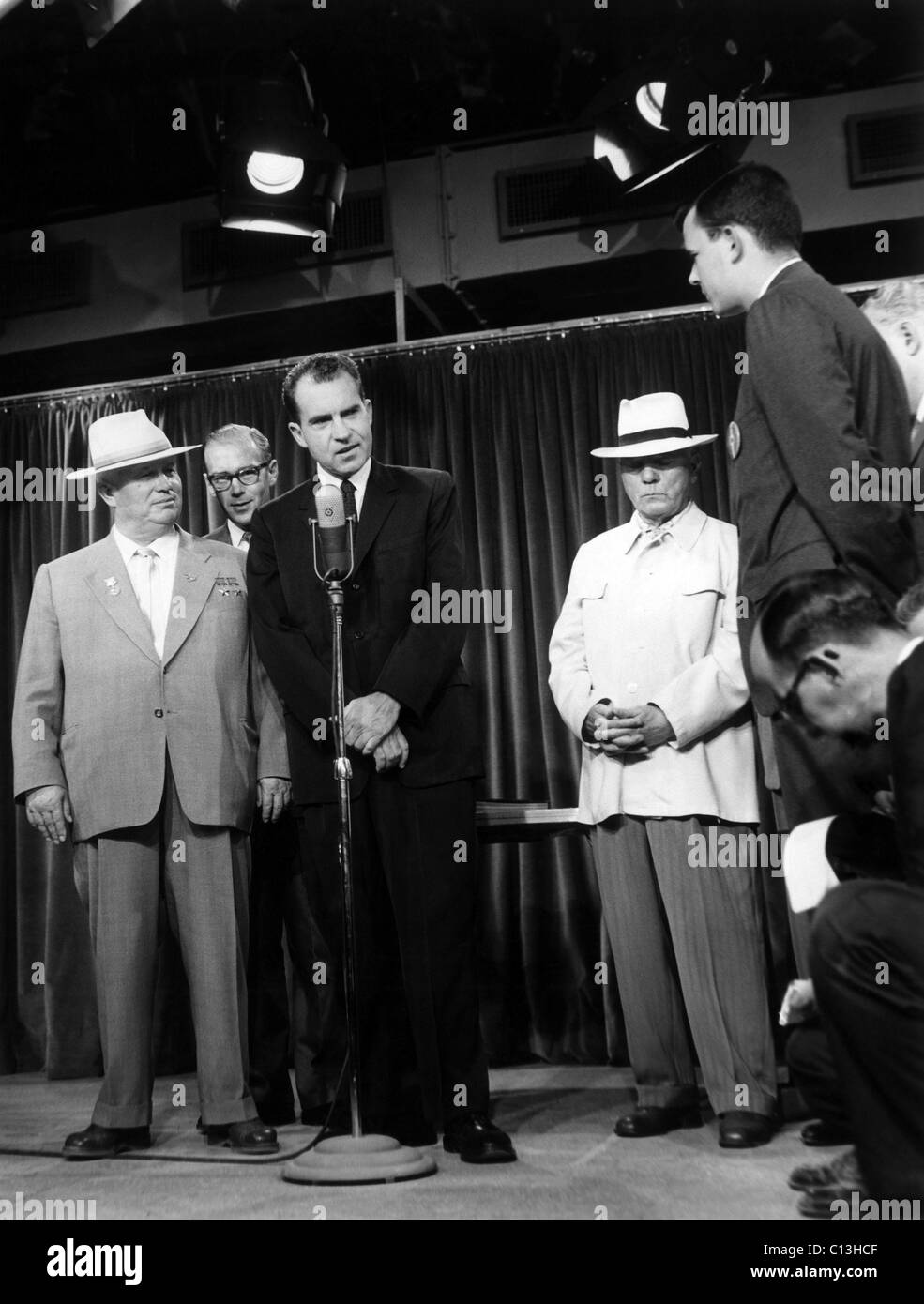Russian premier Nikita Khrushchev (left), U.S. Vice President Richard Nixon (at microphone) at the American Fair in Moscow where the famous 'Kitchen Debate' took place, August, 1959 Stock Photo
