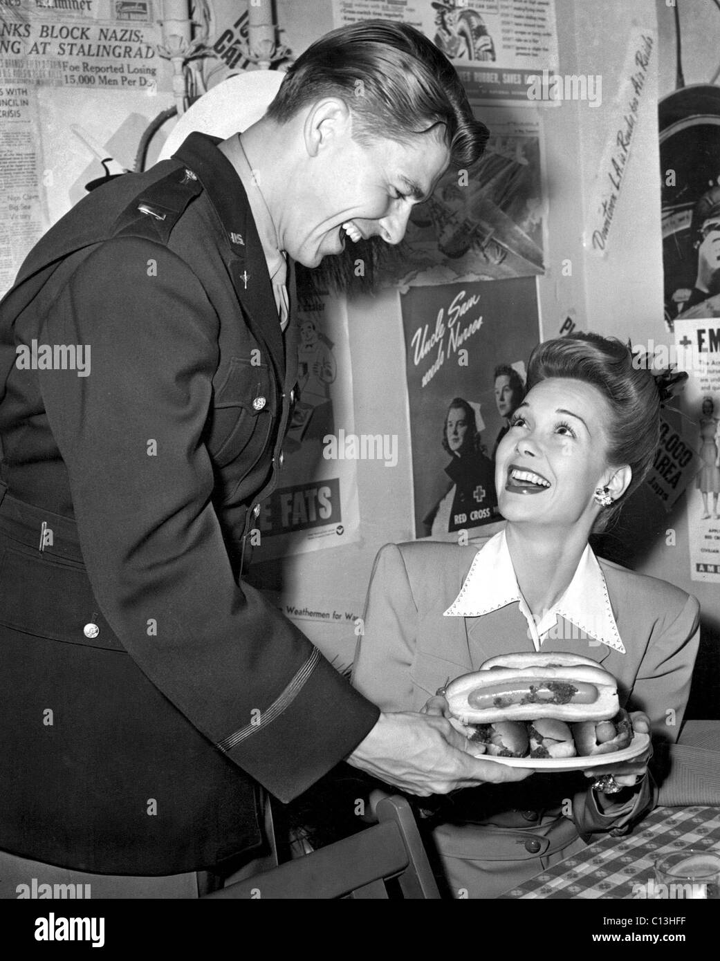 Ronald Reagan and wife Jane Wyman at a special dug out party, 10/31/42 Stock Photo